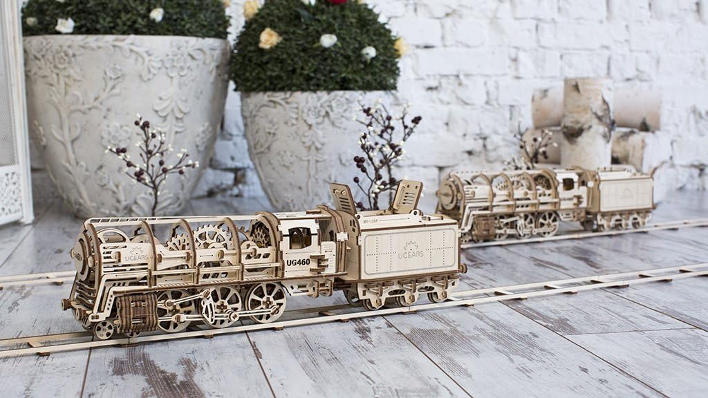 UGEARS Locomotive with Tender Mechanical 3D Puzzle, Wooden Construction Set, Business Gift, Christmas and Thanksgiving Present, Adult Craft Set