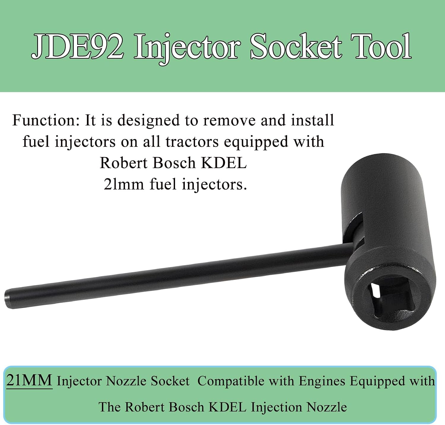 JDE92 Injector Socket Tool 21 MM Injector Nozzle Socket for John Deere Engines Equipped with Robert Bosch KDEL Injectors Replace for JDE92, 7458.