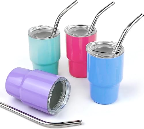 4 PCS 3oz Mini Tumbler Shot Glass With Straw and Lid Stainless Steel Blank Sublimation Mini Shot Glass Tumblers 3oz for Wedding Party Birthday Party Favors 4 Colors