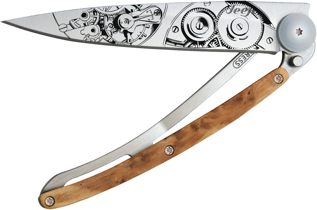 Deejo Ultra Lightweight Folding Pocket Knife with Belt Clip - Juniper Wood Version 1.3 oz - Fine, Sharp Blade - Watch Movement Pattern - Stainless Steel - Elegant and Modern Design