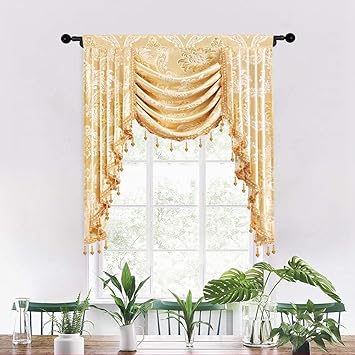 ELKCA Polyester Damask Pocket Curtain Valance For Bedroom And Living Room, 39 Inch, Golden, Pack of 1