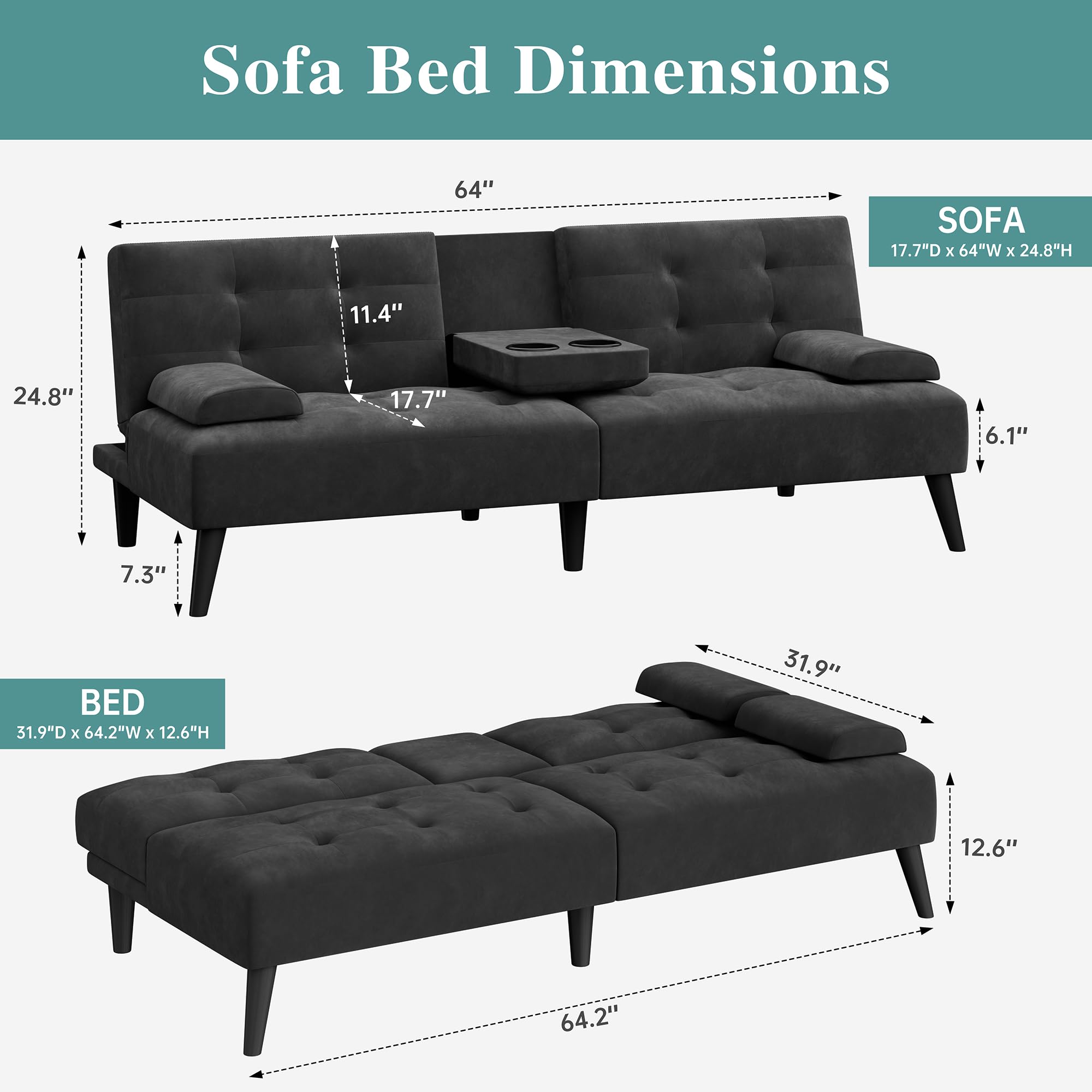 64" Futon Sofa Bed, Convertible Loveseat with 2 Cup Holders, Small Couch with 3 Adjustable Angles, Removable Armrests, Small Sofa for Apartment, 5.3 FT, Black