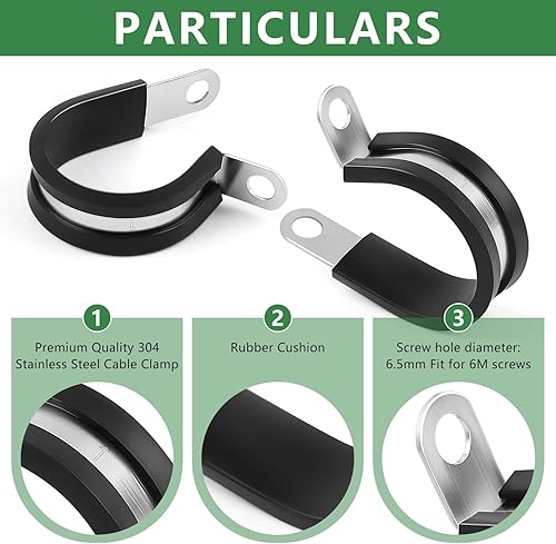 Miniatura 2 de Delgada Paquete de 20 abrazaderas versátiles de acero inoxidable 304 estilo P de 1 pulgada  Abrazadera aislada acolchada de goma, instalación segura