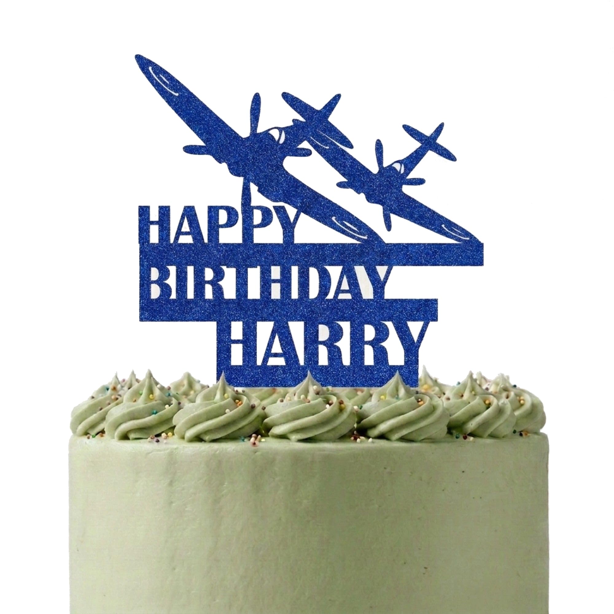 Personalised Double Spitfire Dogfight Cake Topper | Glitter Card WWII Battle Scene | Custom Names & Age (Blue)
