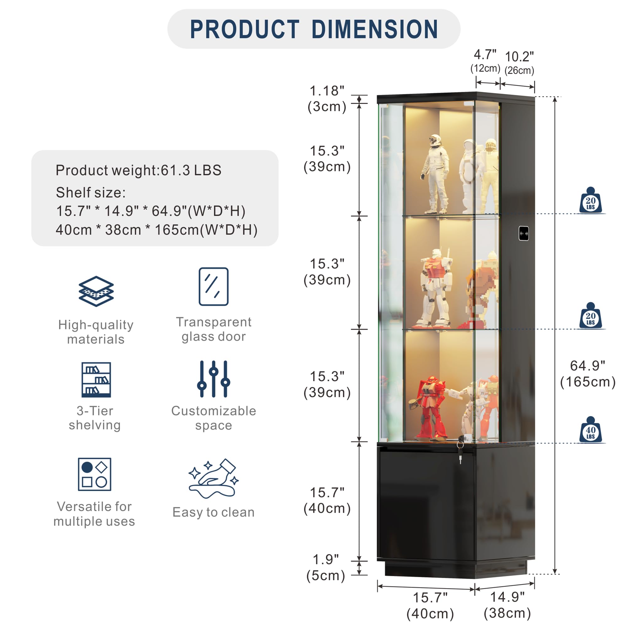 Vitrina Expositora con Iluminación LED - Vitrinas con Puertas de Cristal con Cerradura,Vitrina Cristal con Sensores Inteligentes,3 Estantes para Salón,Dormitorio,Oficina o Estudio,Negro
