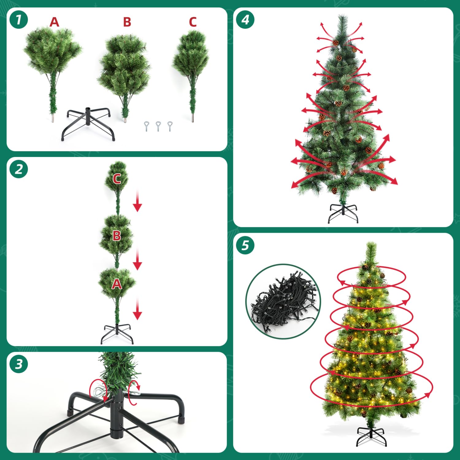 Aigostar 180 CM Árbol de Navidad Artificial,con Cadena de Luces LED de 18 M,300 LED Blanco cálido,8 Modos de Iluminación,Ramas Aguja de Pino con Piñas,Verde,Incluye Soporte de Meta