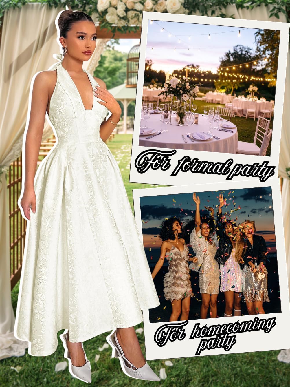 Jacquard Maxi Dress, V Neck A Line, Wedding Guest Prom, Halter Corset Pastel Tea Party Vacation Semi Formal