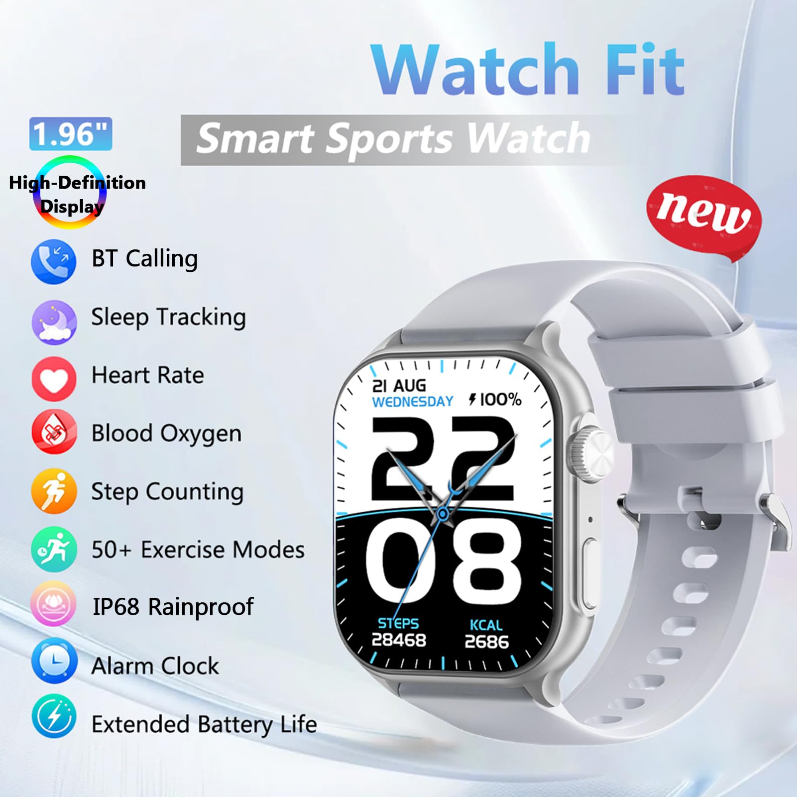Inteligentne Zegarki, Monitor Fitness z Wyświetlaczem o Wysokiej Rozdzielczości i Przekątnej 1,96 Cala z 50 Trybami Sportowymi, Połączenie BT 5.4 dla Mężczyzn i Kobiet (WHITE)