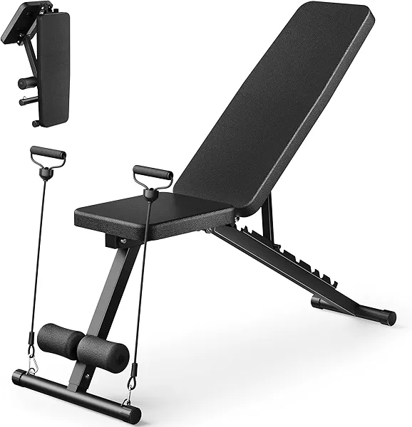 Adjustable Weight Bench for Home Gym, Foldable Workout Bench for Full Body Fitness Dumbbell Exercise, 600LBS Incline Decline Flat Bench with Resistance Bands for Strength Training