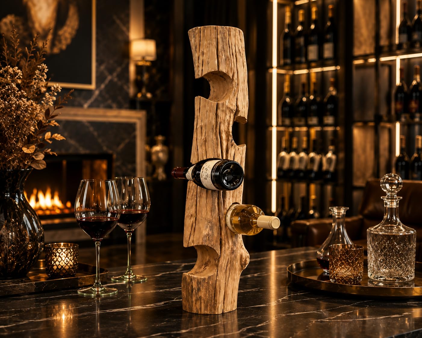 KENYON luxuriöses Weinregal aus Premium-Qualität Teakholz | Handgefertigtes Treibholz-Weinregal für 5 Flaschen – Exklusiv Weinflaschenhalter Holz als dekorativer Weinständer (75×14×14 cm)