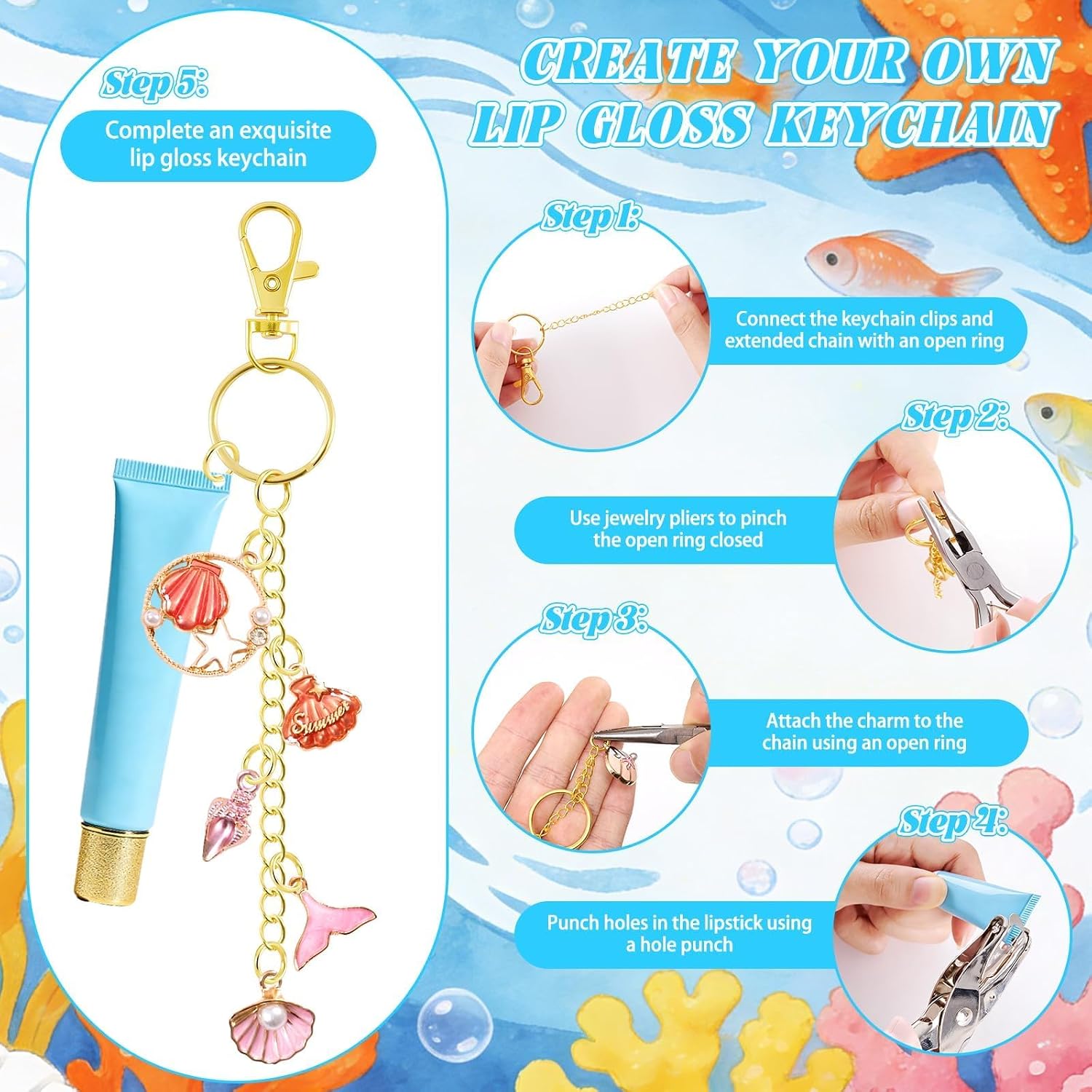254 Pcs Ocean Themed Charms Lip Gloss Keychain Making Kit Include Summer Sea Beach Enamel Charms Keychain Clips Extender Chains Jump Ring Plier DIY Jewelry Crafts Gifts for Women Adults