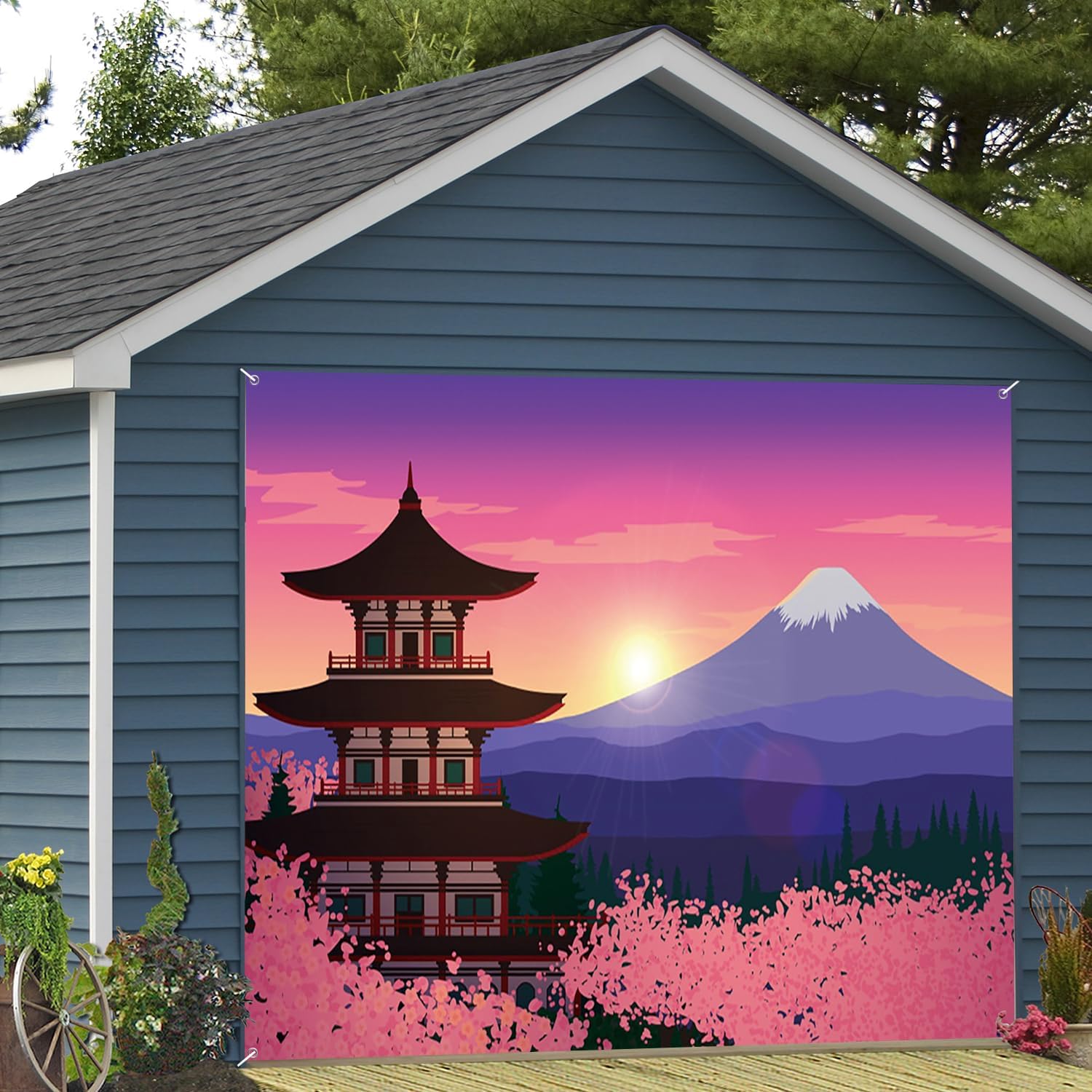7x8ft Japan Mount Fuji Landscape Garage Door Decor Purple Sunset Traditional Pagoda Scene Pink Cherry Blossoms Garage Door Cover for Cultural Seasonal Iconic Backdrop Decor