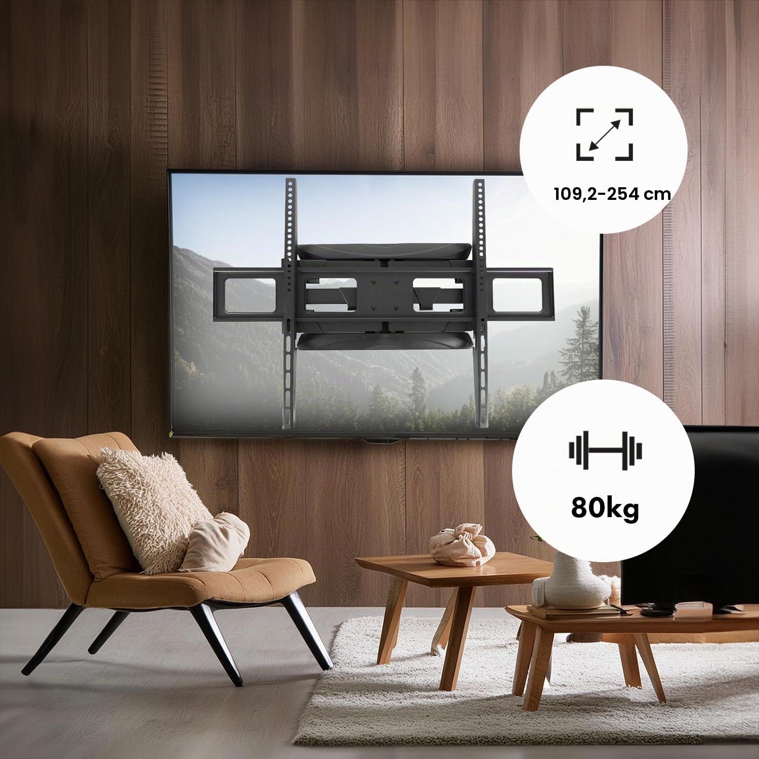 Supporto TV Maclean, VESA max 800x600, 43-100", 80 kg, regolazione angolo orizzontale e verticale, doppio braccio articolato, per molti TV LCD, LED, OLED 50-500 mm, nero, MC-423