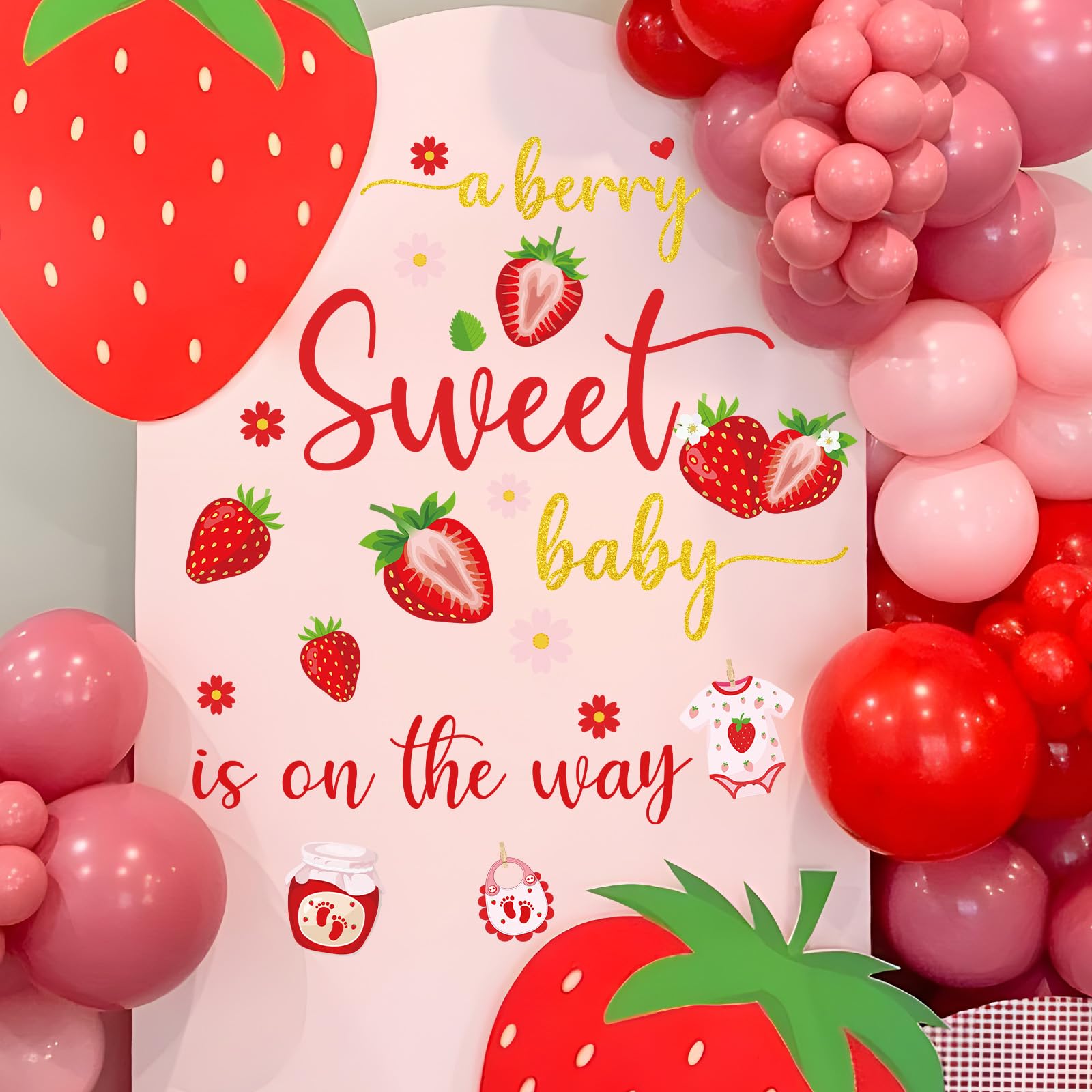 Wxiben Strawberry Baby Shower Decorations - A Berry Sweet Baby is on The Way Wall Decal, Removable Wall Sticker for Balloon Arch Backdrop Decor,