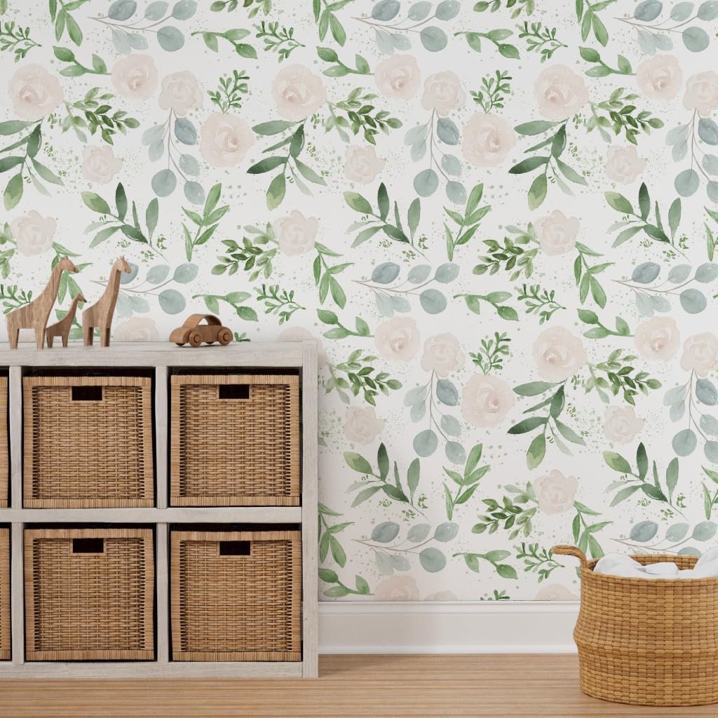 Peel & Stick Wallpaper 12ft x 2ft - Watercolor Flowers Soft Pink Wedding Eucalyptus White Roses Gardening Floral Botanical Garden Custom Removable Wallpaper by Spoonflower