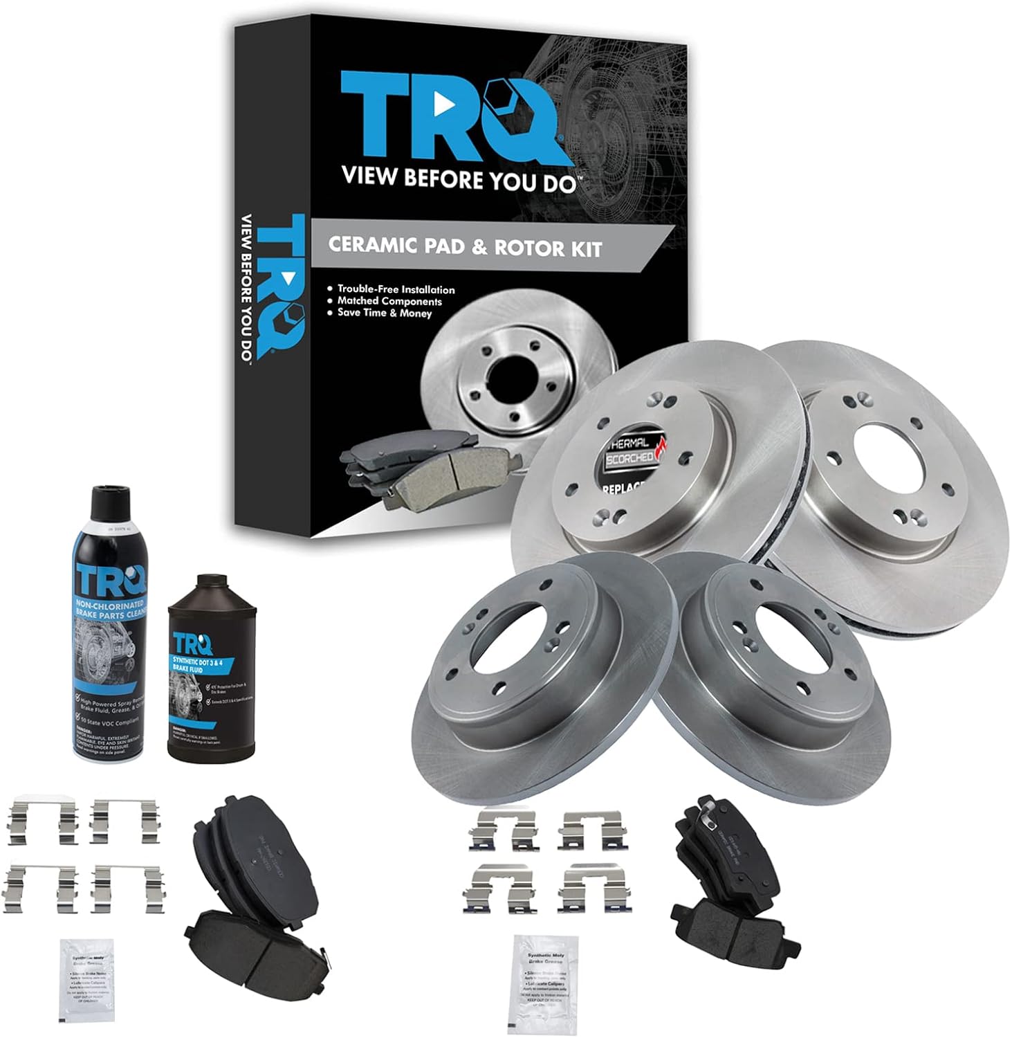 TRQ Front and Rear Brake Pad & Rotor Kit Brake Chemical Kit Brake Pads Brake Rotor Ceramic Compatible with 2014-2016 Kia Soul
