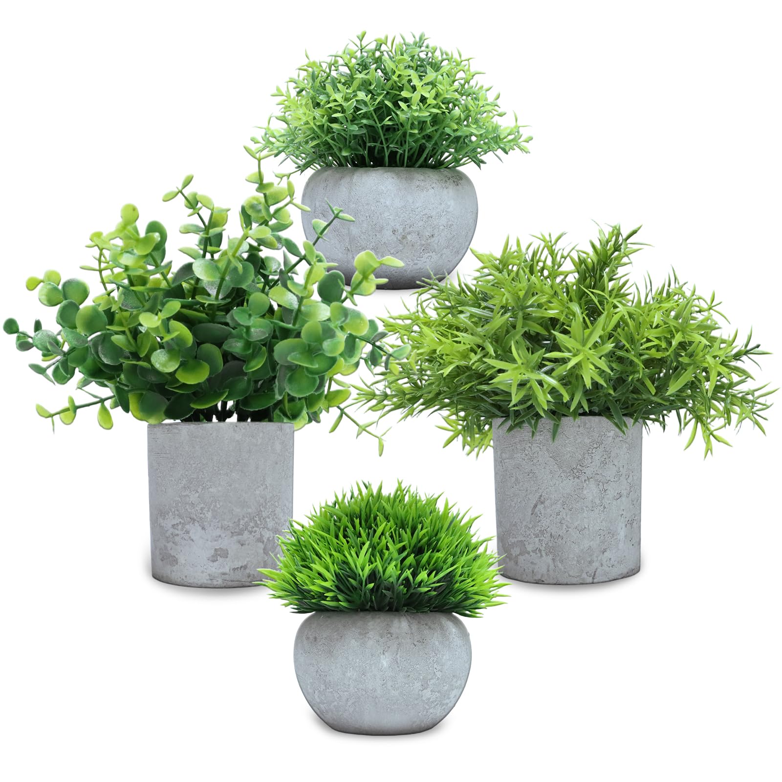 CHDITB 4 Pcs Mini Potted Artificial Plants,Fake Greenery Plastic Plants In Pots,Faux Green Grass Potted Eucalyptus,Greenery Bathroom Accessories,Fake Plant for House Office Balcony Desk Indoor
