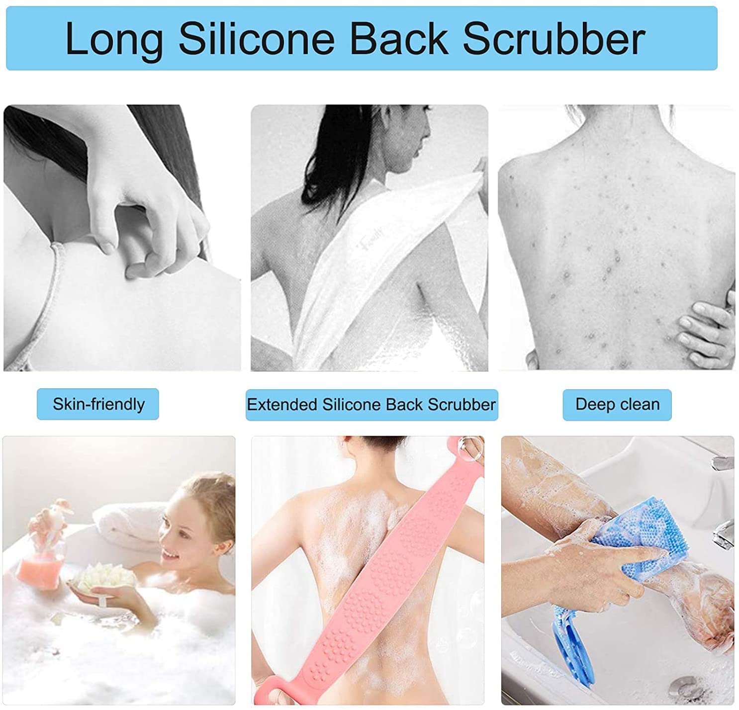 JUZR Silicone Back Scrubber for Shower, JUZR 35.4 inch Bath Body Brush, Double Side Spa Massage Exfoliating Back Brush Belt Scrubbing Pad - Multi 3