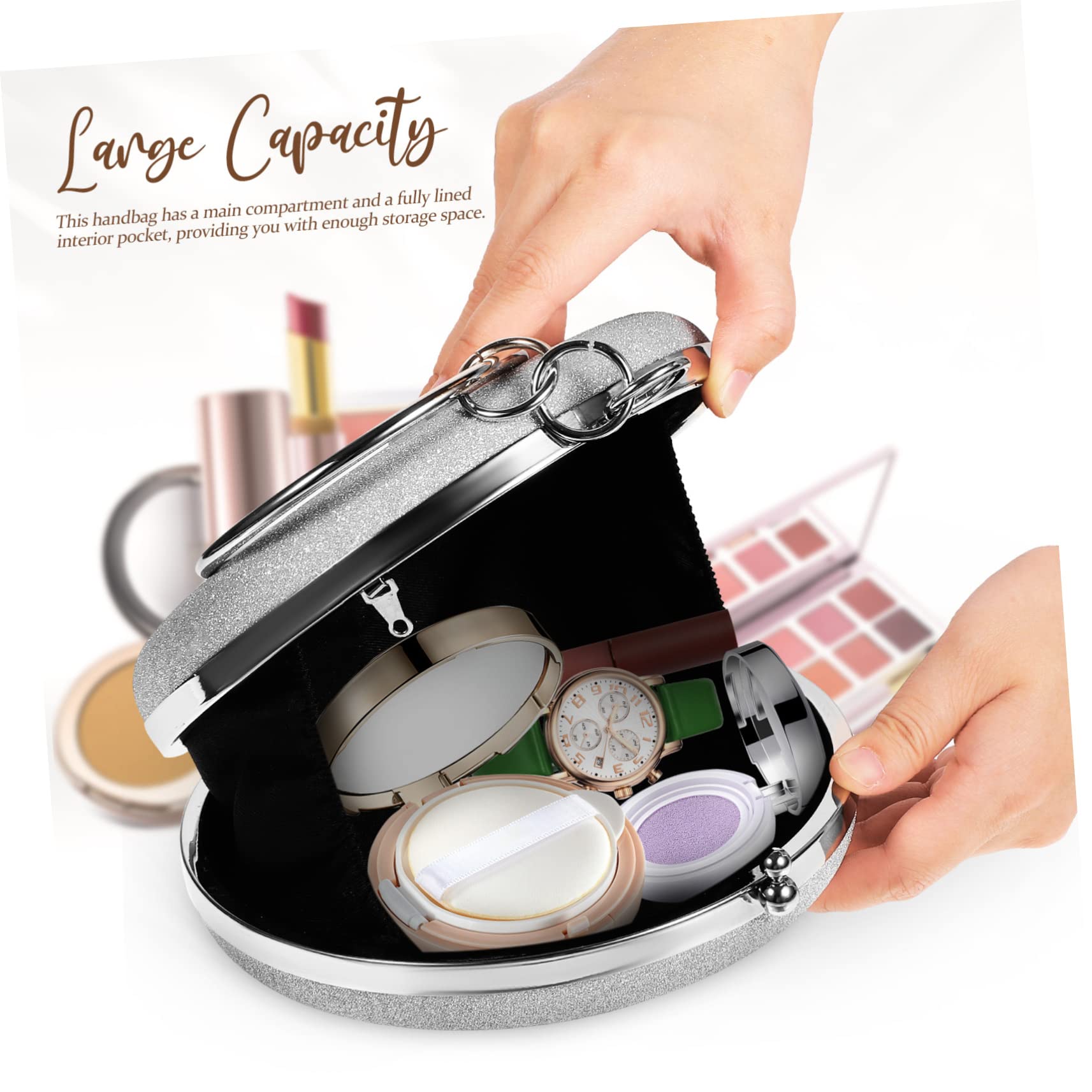 Borsa Femminile Rotonda Color Argento con Catena di Perline e Cinturino per Cerimonia o Festa Raffinata