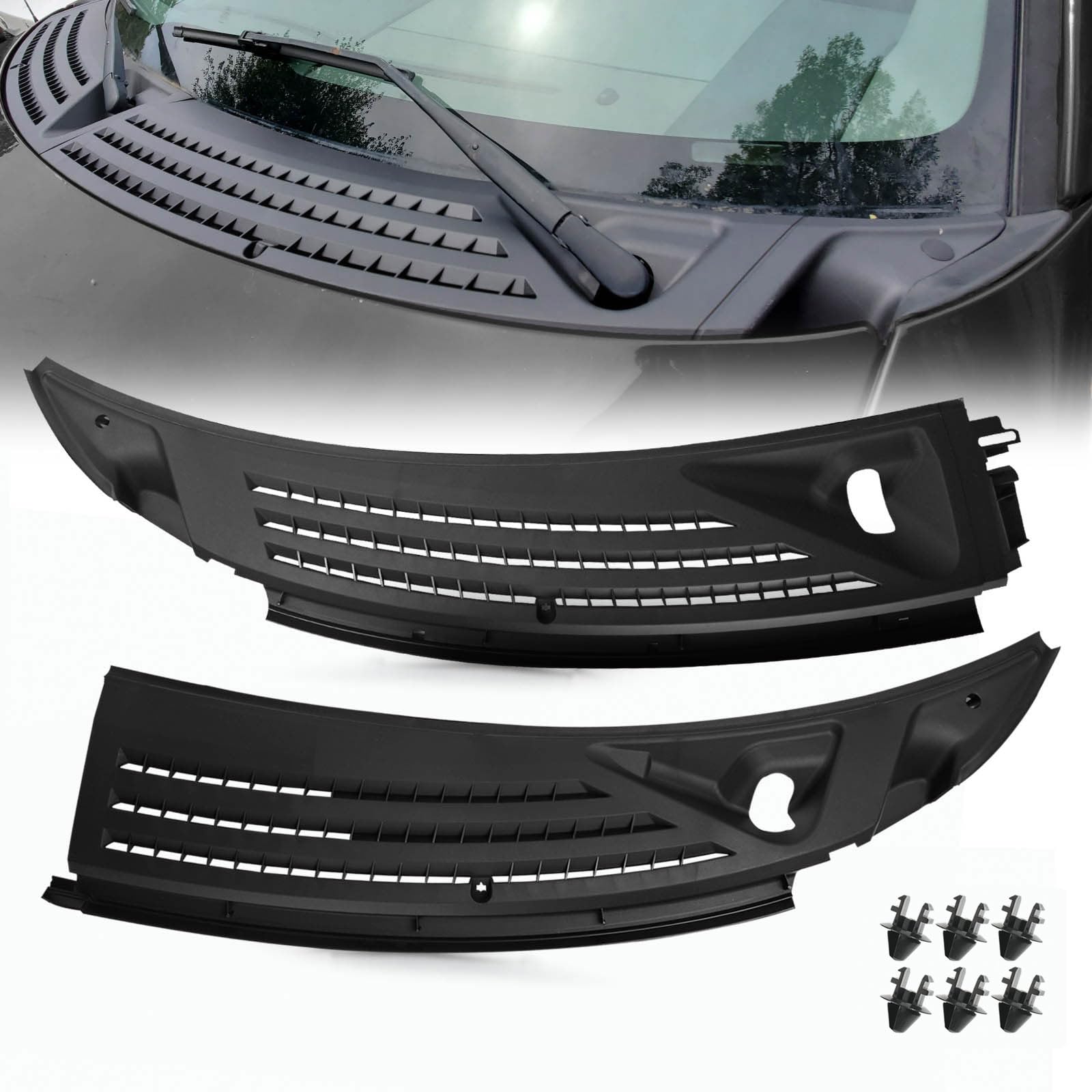 Windshield Wiper Cowl Cover Panel Grille Compatible with 2009-2014 Ford F150, Left &amp; Right Side Front Insert Panel with Clip, Replaces# FL3Z15022A69A (Without Nozzles Hoses)