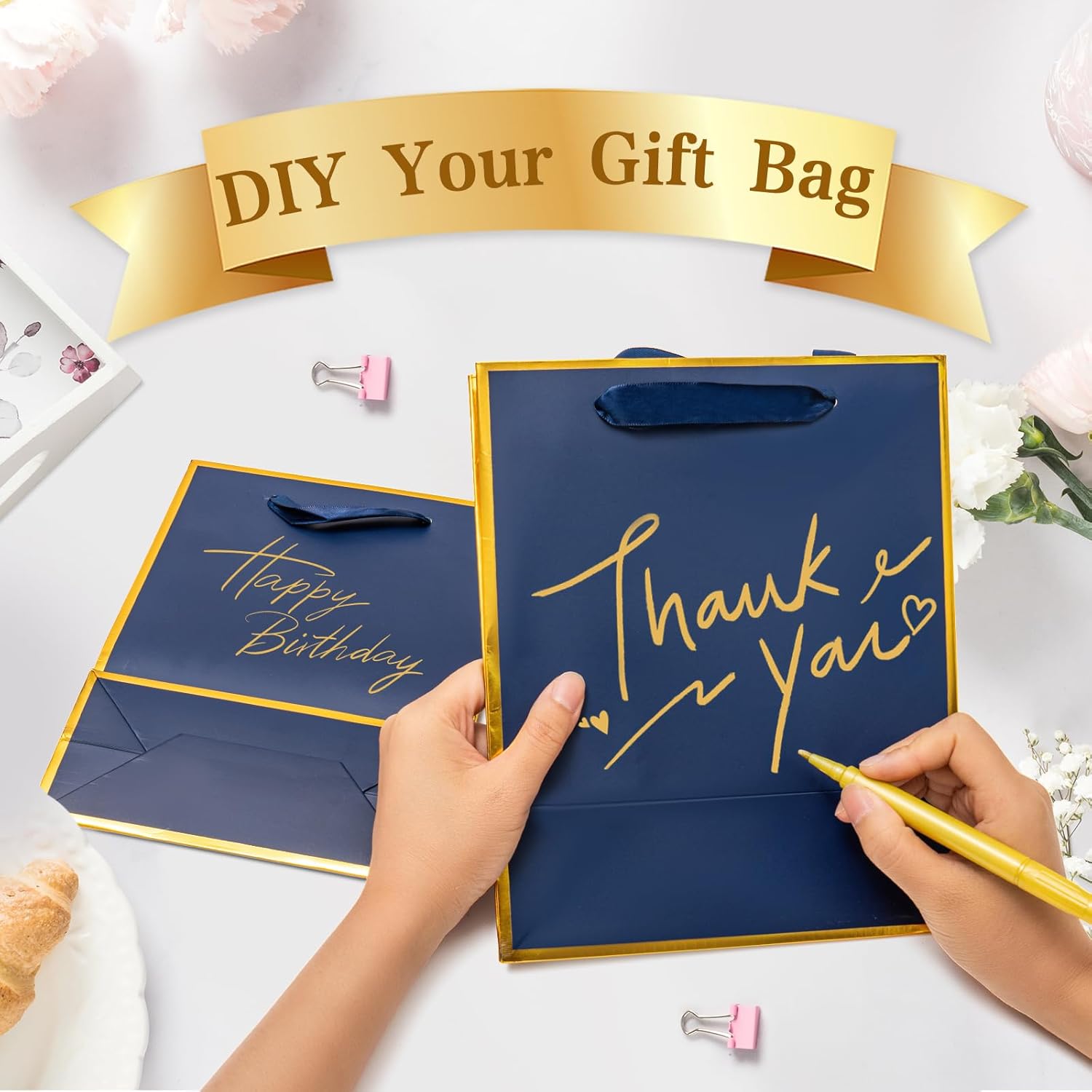 Epoesch Premium Metallic Paper Gift Bags with Handles and Tissue Paper, 8"x5"x10" Inch Dark Blue Gold Edge Christmas Thanksgiving Welcome Gift Thank You Bags (Navy Blue, Gold, 1 Count (Pack of 24)) - Image 5