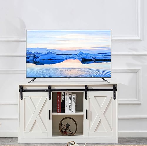 Soporte de TV de madera, gabinete de centro de entretenimiento de estilo moderno de mediados de siglo con puerta corrediza de granero, consola de TV
