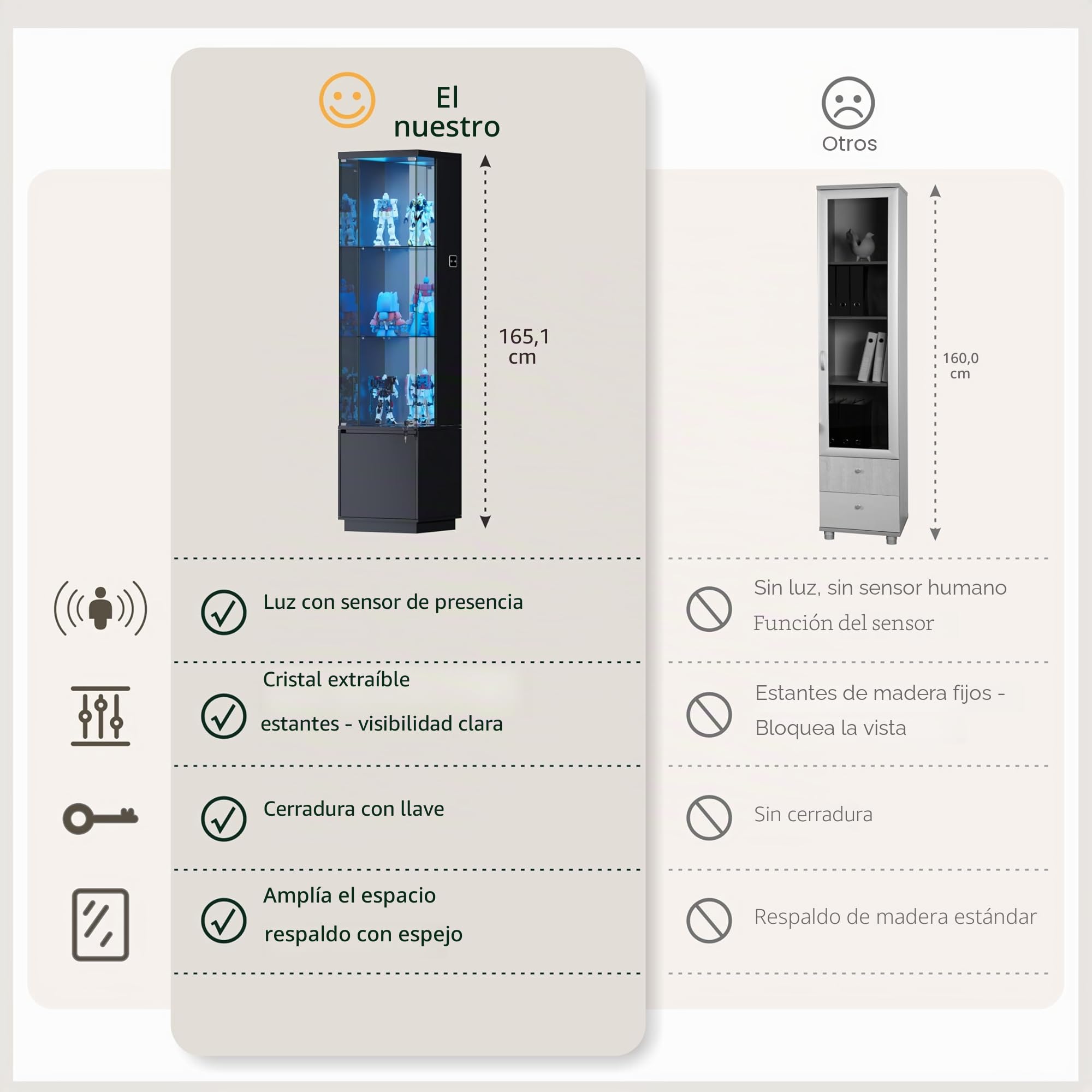 Lvifur Vitrina de cristal con iluminación LED y cajones, vertical con sensor inteligente, de madera de vidrio de 3 capas para coleccionables, vino, salón, dormitorio