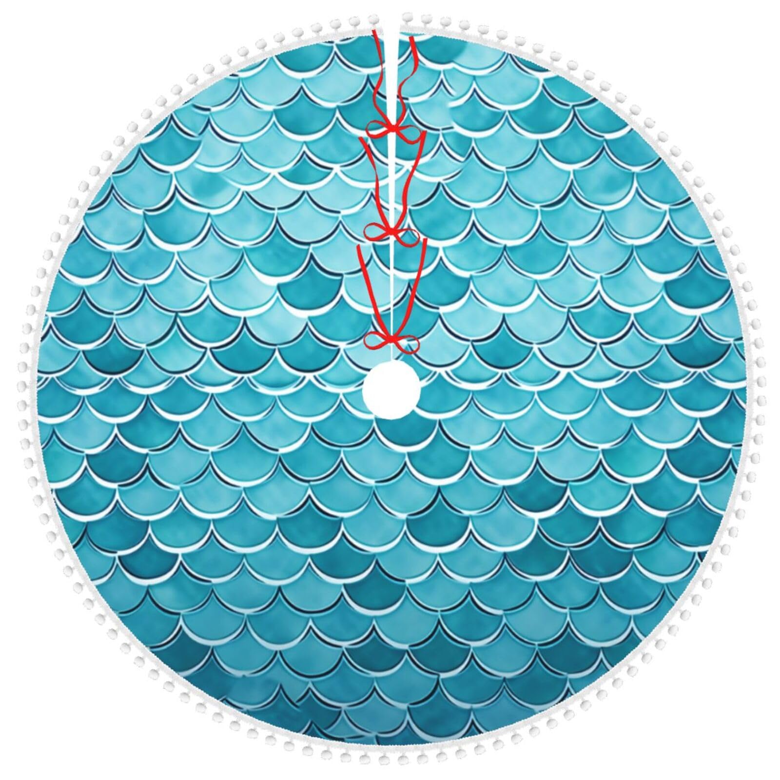 Jupe de sapin de Noël brodée sirène 121cm et tapis de sapin double couche à pompons