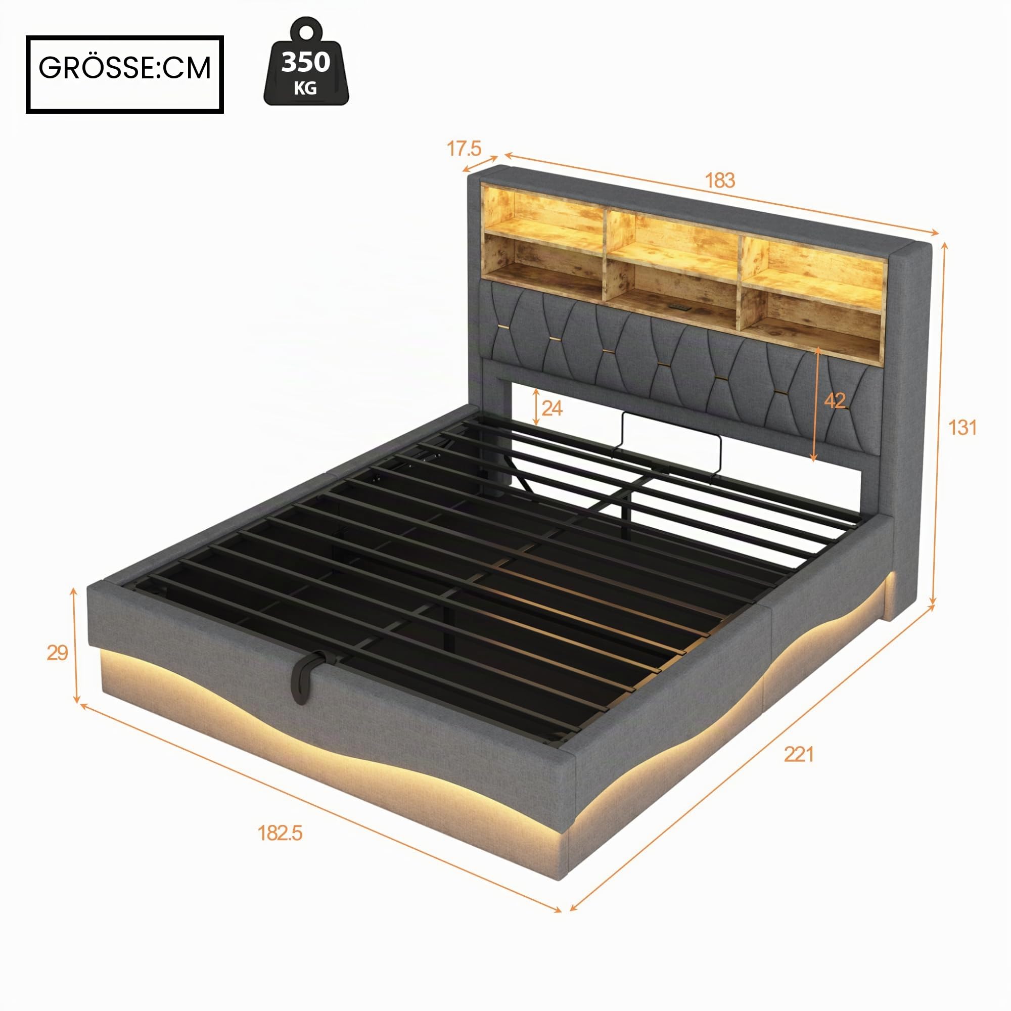 LAKFEW Doppelbett Polsterbett 180x200 cm mit LED-Lichtband und USB-Kopfteil, Hydraulisch Bett mit Stauraum, Bettgestell mit Lattenrost, Schlafzimmer Möbel, Grau, Leinen, Ohne Matratze