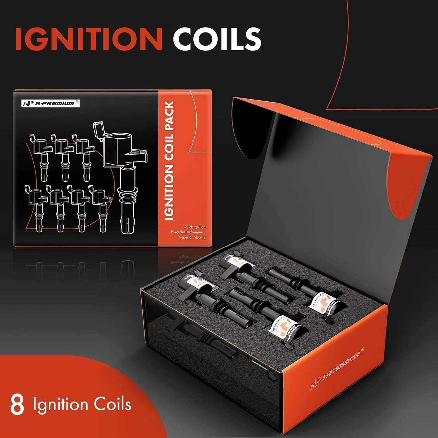 A-Premium Set of 8 Ignition Coil Black Compatible with Ford, Lincoln, Mercury - F-150, F-250, Expeditin, Explorer, Mustang, Navigater - 4.6L, 5.4L, 6.0L