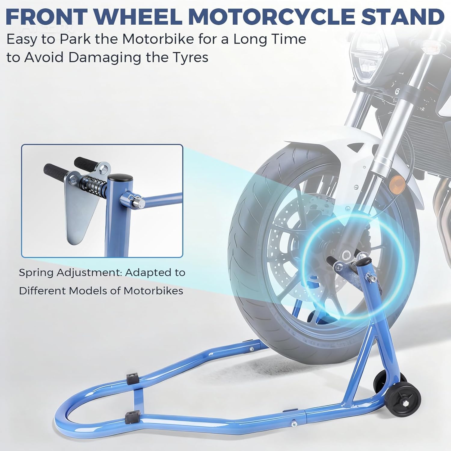 LARBANKE Motorcycle Stand Lift, 990LBS Front and Rear Wheel Combo Stand Lift with U+L Adjustable Swingarm Swivel for BMW, Honda, Kawasaki, Suzuki, Yamaha, Blue