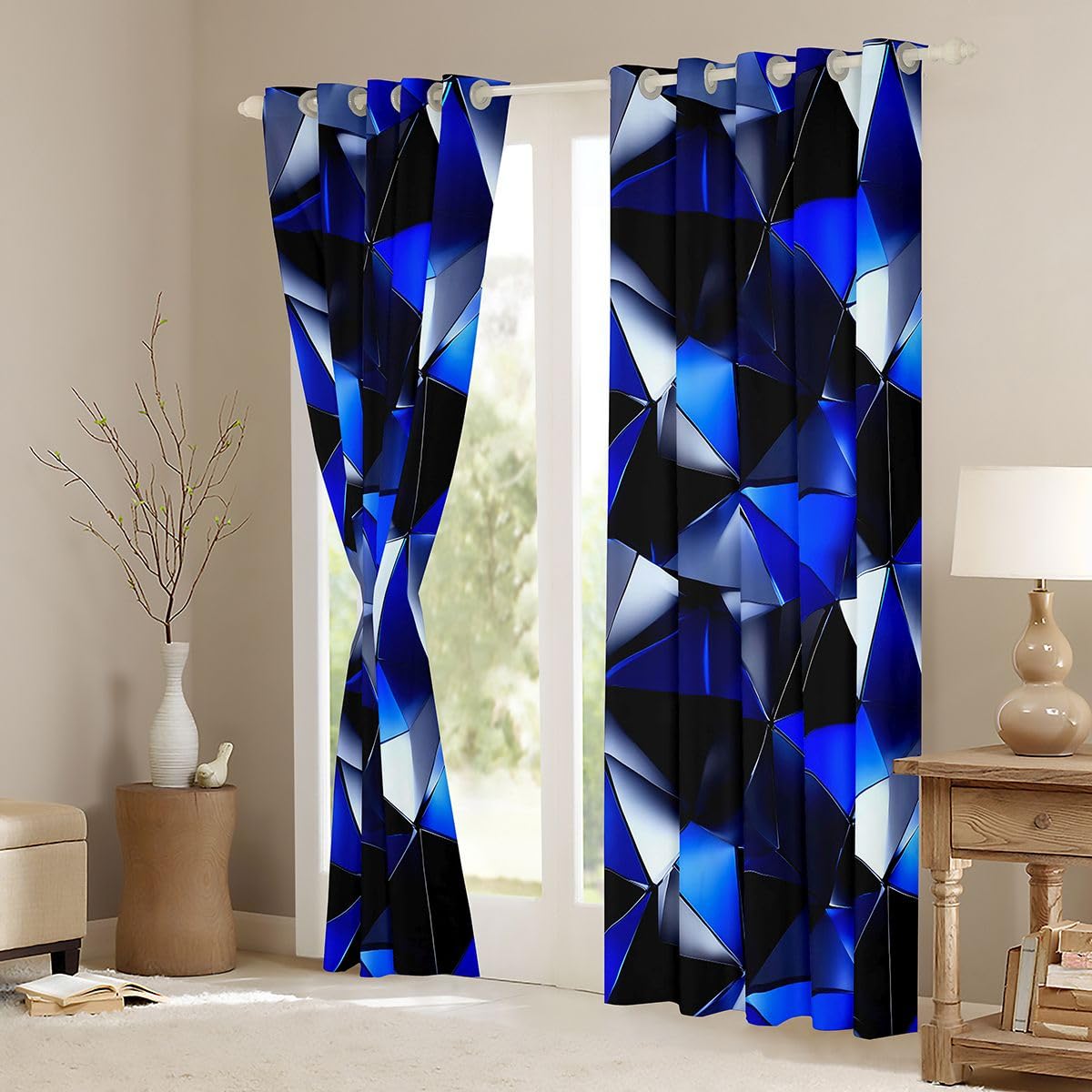 Homemissing Cortinas geométricas negras y azules para dormitorio, sala de estar, cortinas opacas abstractas 3D, cortinas opacas artísticas estéticas para oscurecer la habitación, 2 paneles de 46 x 72