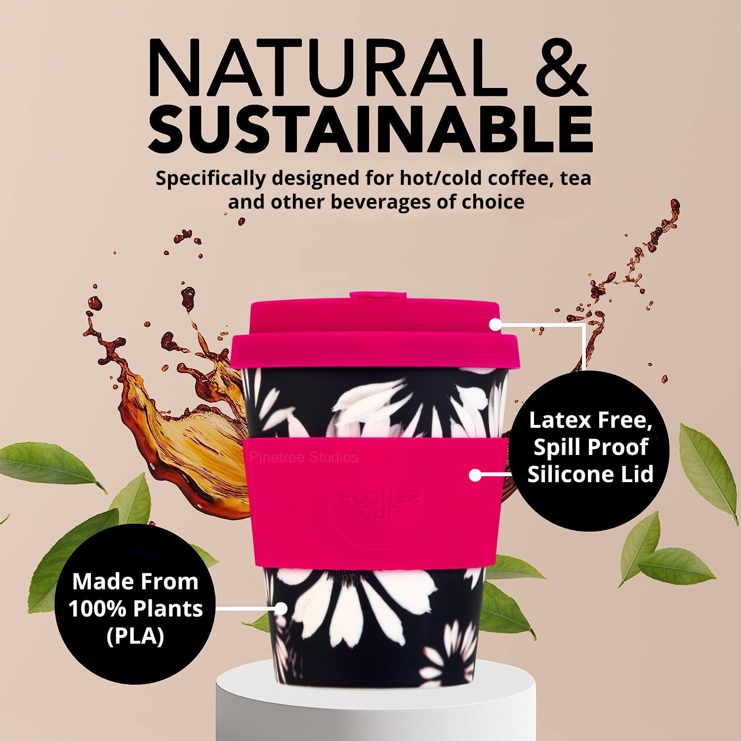 Ecoffee Cup 12oz 350ml Reusable Eco-Friendly 100% Plant Based Coffee Cup with Silicone Lid & Sleeve - Image 4