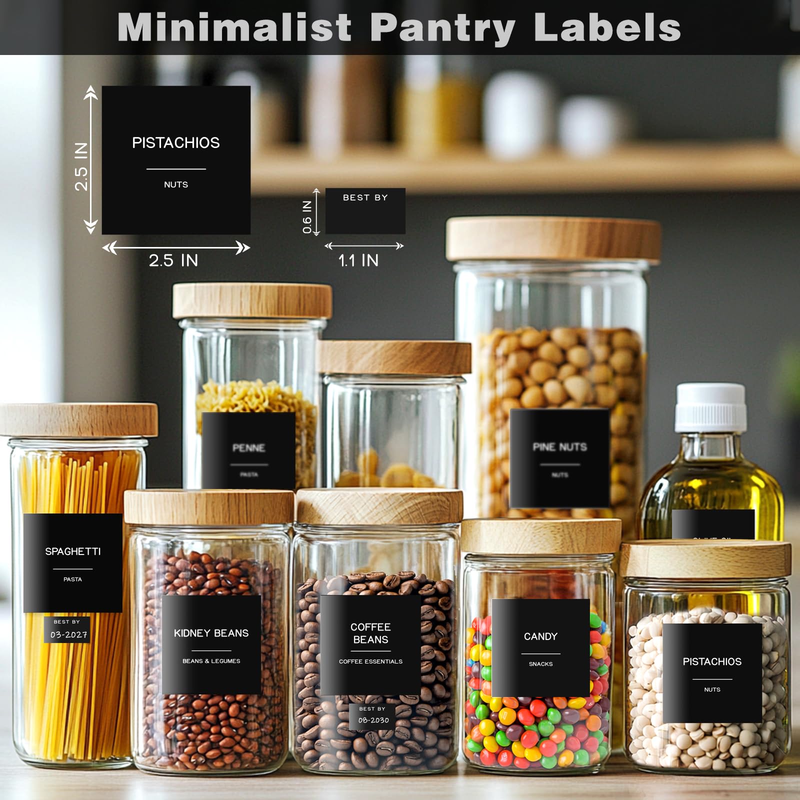 Speisekammer-Etiketten für Lebensmittelbehälter, schwarz, vorgedruckte, minimalistische, wasserdichte Aufkleber für die Organisation von Aufbewahrungsbehältern, Gläsern und Küche, 288 Stück