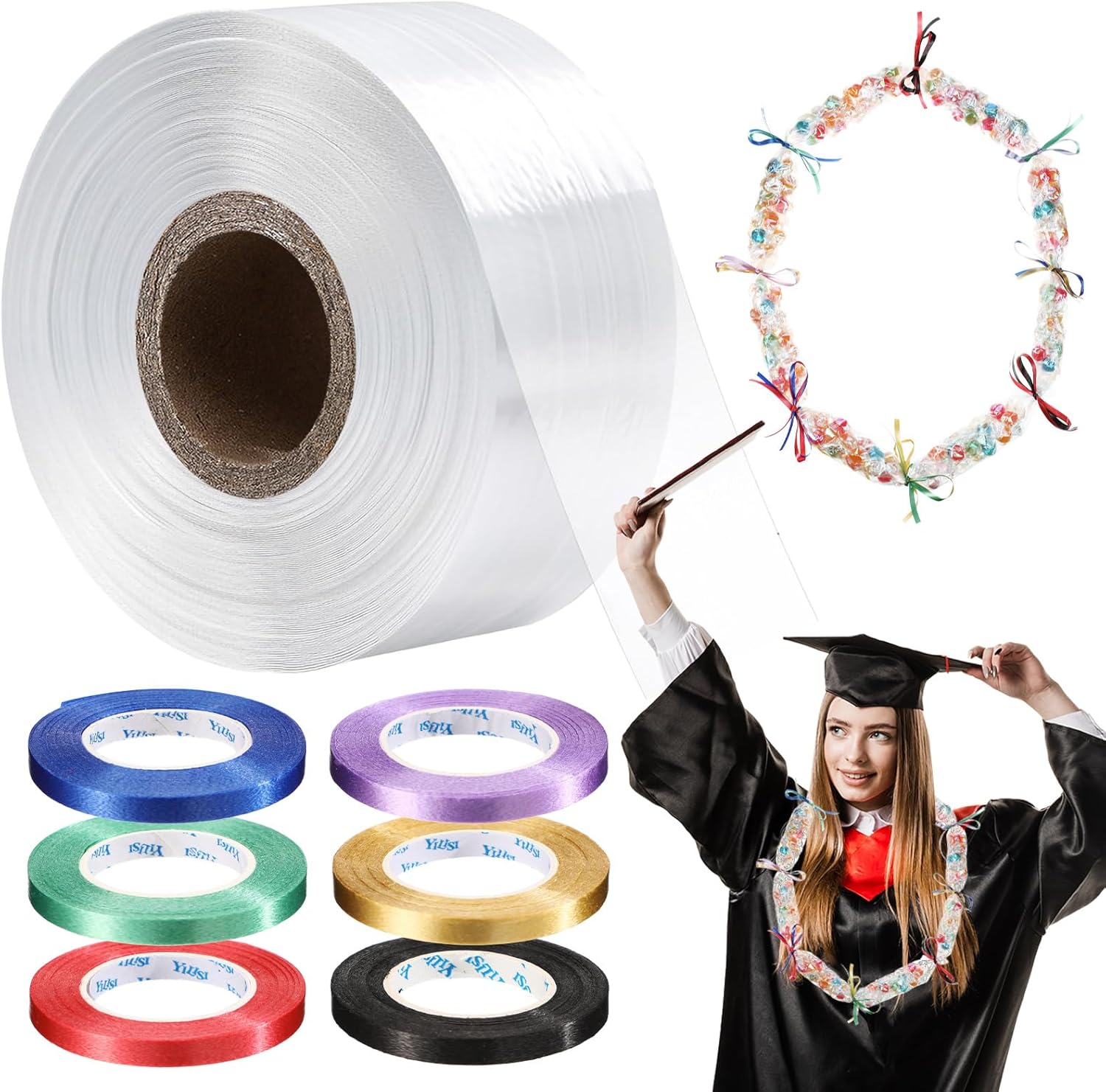 yesaior 2 Inch x 656 ft Poly Tubing with 6 Colors Ribbon Graduation Candy Lei Tubing Lei Making Kit Colorful Graduation Candy Garland Decorations (656 ft)