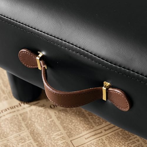 Miniatura 6 de Taburete de pie pequeño con asa, reposapiés corto de piel sintética negra, taburetes rectangulares de almacenamiento otomano con patas de plástico,