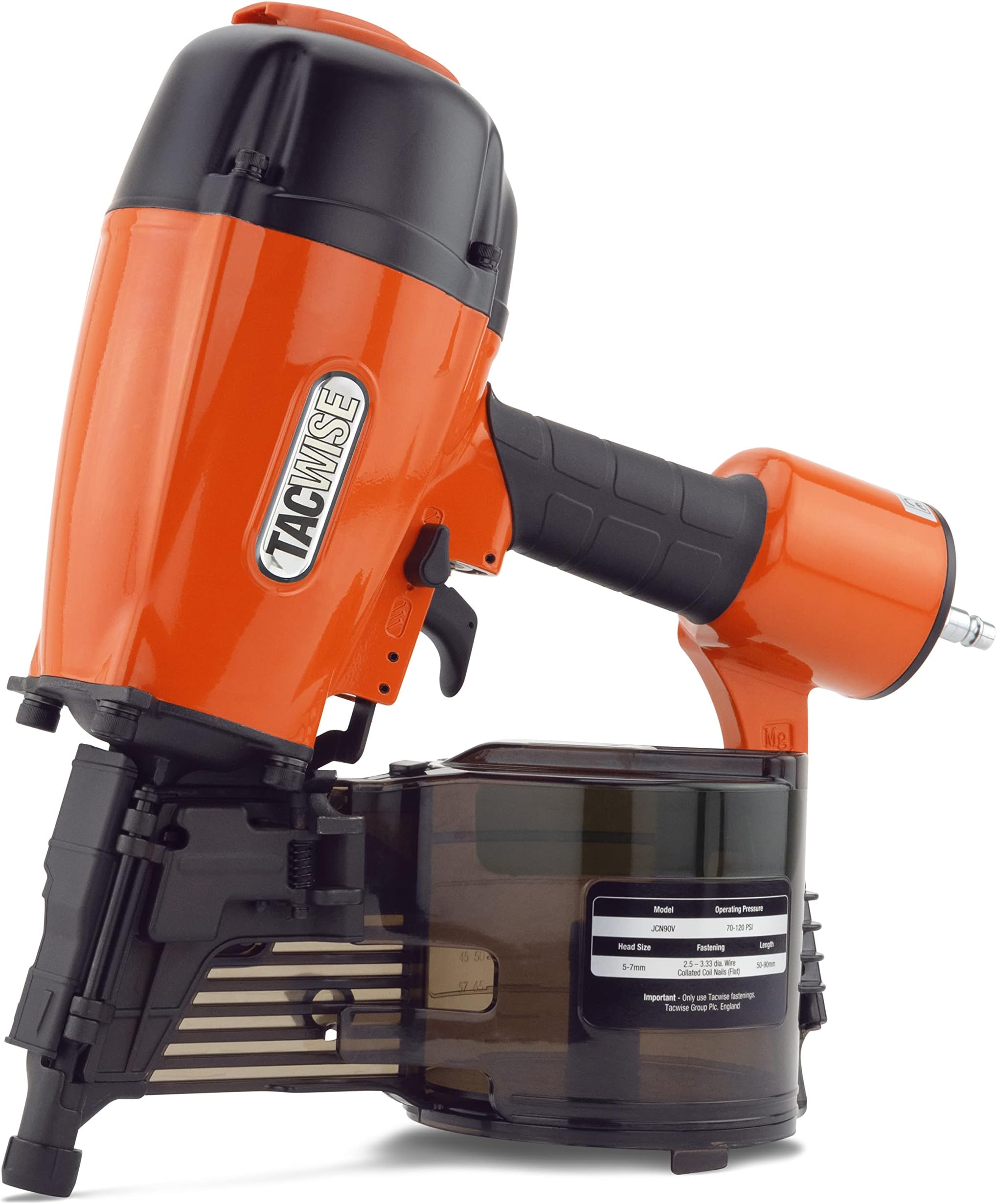 TACWISE JCN90V Air Coil Nail Gun, Uses Flat Top Coil Nails, 50-90 mm