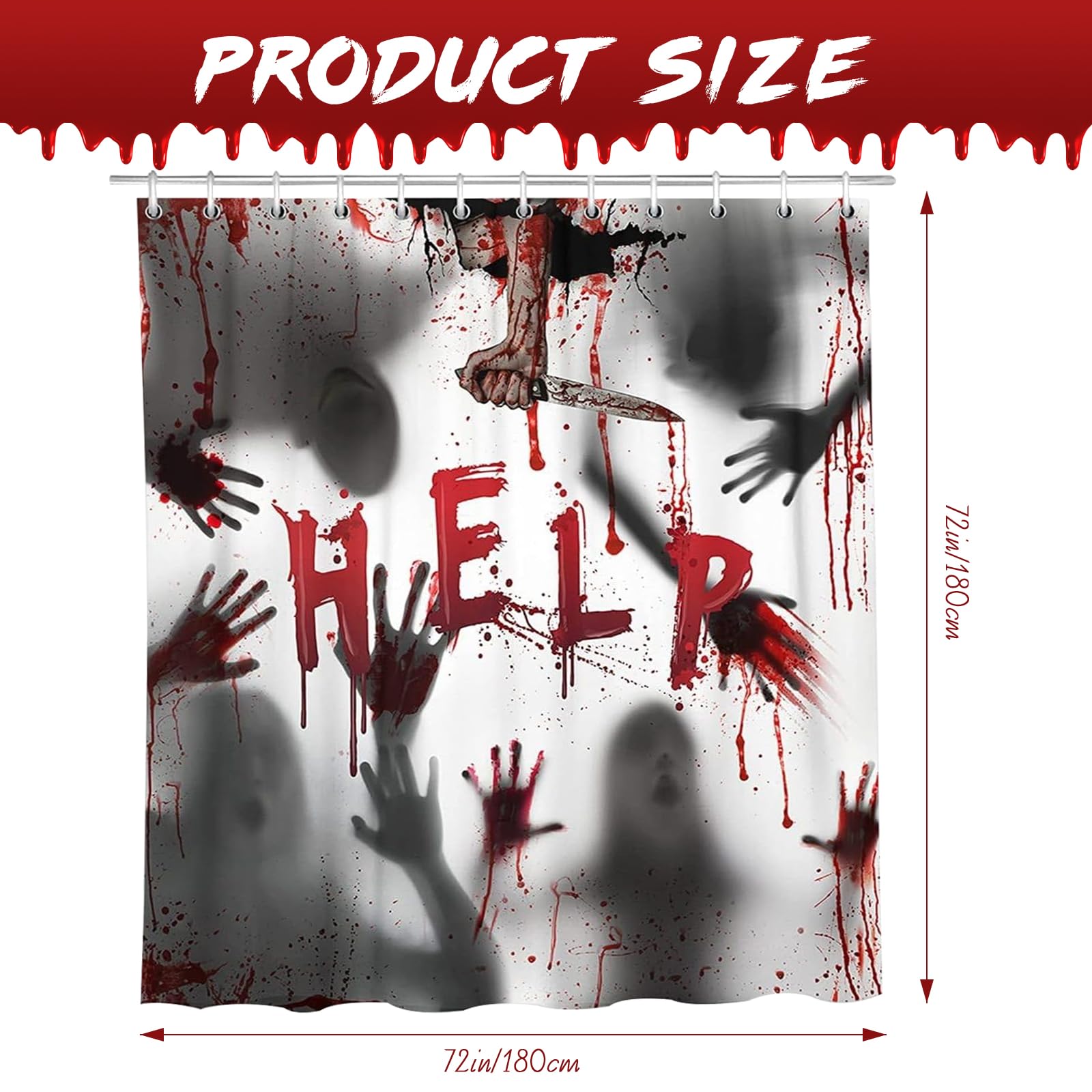 Fitumiw Halloween-Duschvorhang Mit Blutigem Handabdruck - 180x180 Cm, Polyester, Wasserdicht, Inkl. 12 Haken