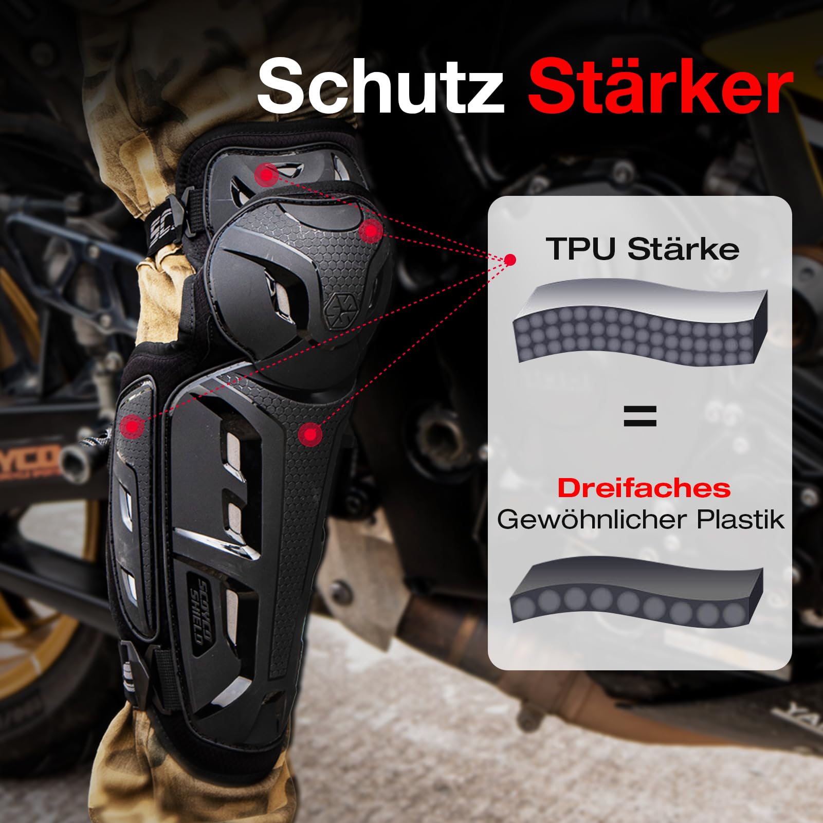 Scoyco Knieprotektoren Motorrad, CE-Schutzstufe 1 Knie und Ellenbogenschützer Erwachsene für Motocross E-Bike Skateboarden TPU Schale Protektoren