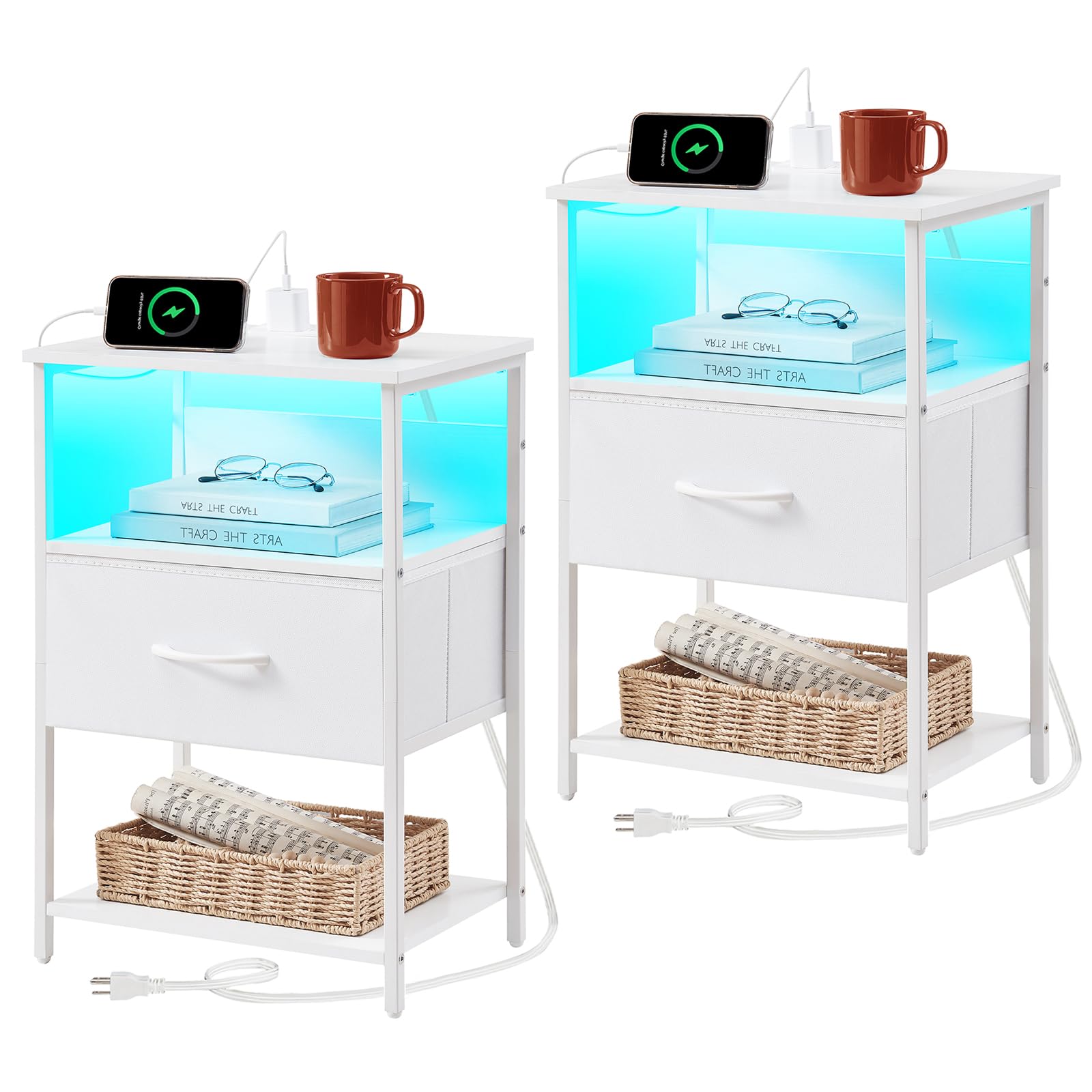 Somdot Bedside Table Set of 2 with Charging Station and LED Light, Small Bed Side Table for Bedroom Dorm Kids Room Closet, 1 Drawer Bedside Cabinet with 2 Outlets and 2 USB Ports, White Leather