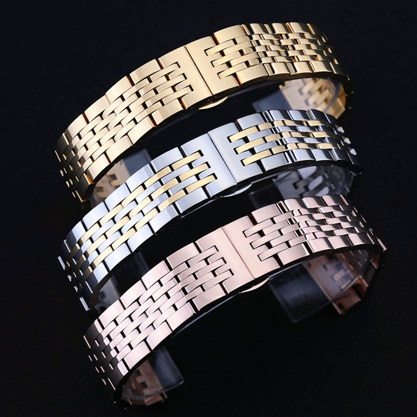 EKSED Bracelet De Montre Bracelet De Montre Bracelet en Acier Inoxydable Solide Sept Perles Boucle Papillon 12Mm14Mm16Mm18Mm19Mm20Mm22Mm24Mm /20Mm / Or Argent