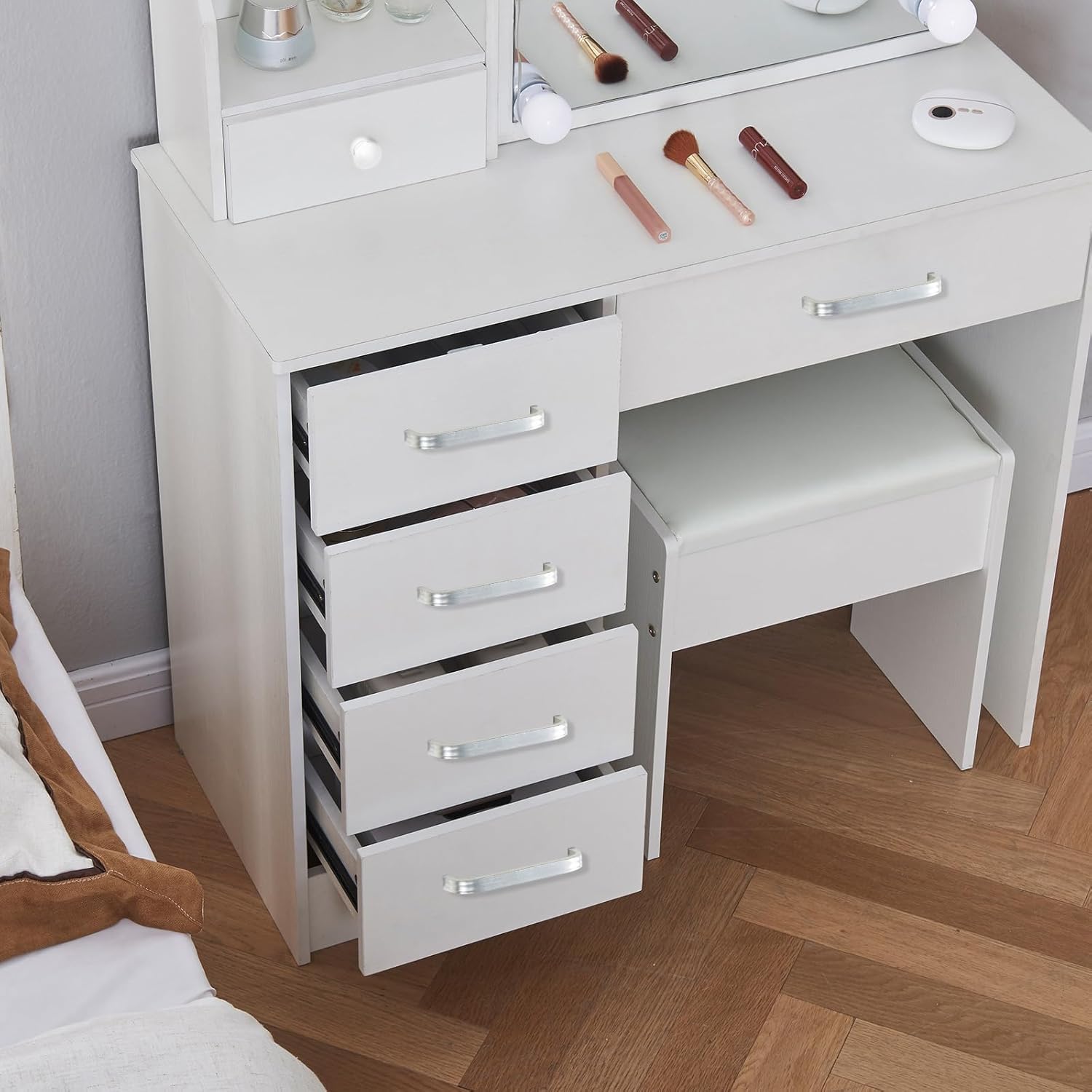 Vanity Desk with Lights and Mirror,3 Modes Adjustable 6 Drawers 6 Shelves 1 Chair & Slide Mirror Makeup Desk for Girls Adults Bedroom,White,51.6" H
