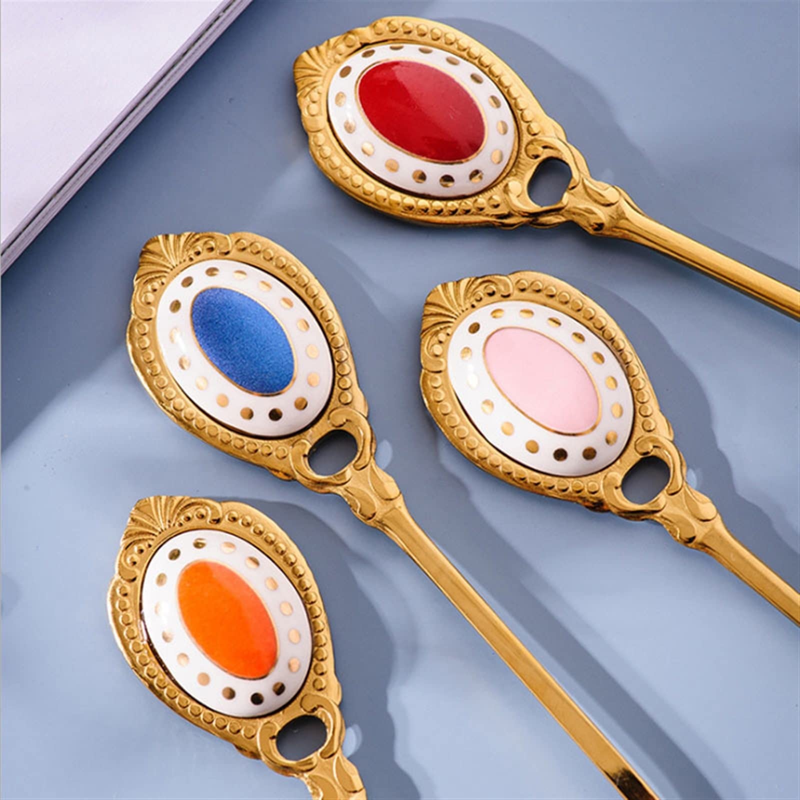 JINGYAN Cucchiaini da caffè Golden Coffee Spoon Retro Small Stainless Steel Ceramic Handle Dessert Afternoon Tea Black Gift(Lotus)