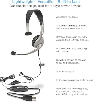 Cyber Acoustics USB Mono AC-840 Headset, Headphone with microphone, Great for Education, Office and Call Centers (AC-840)