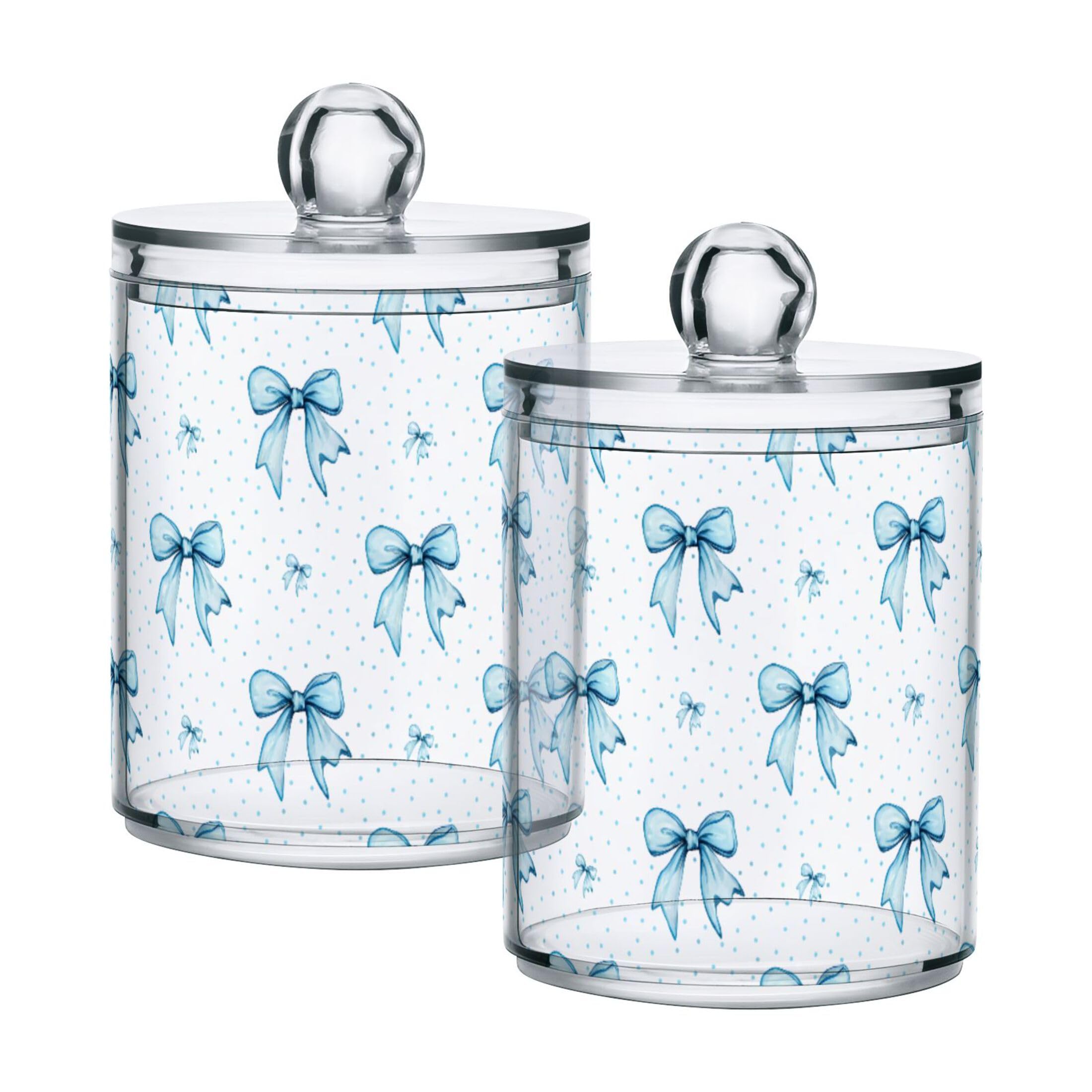 Sevdomey Blue Bows Qtip Holder with Lid Set of 2, Clear Plastic Apothecary Jars Bathroom Storage Containers for Cotton Ball, Swab, Round Pads, Floss