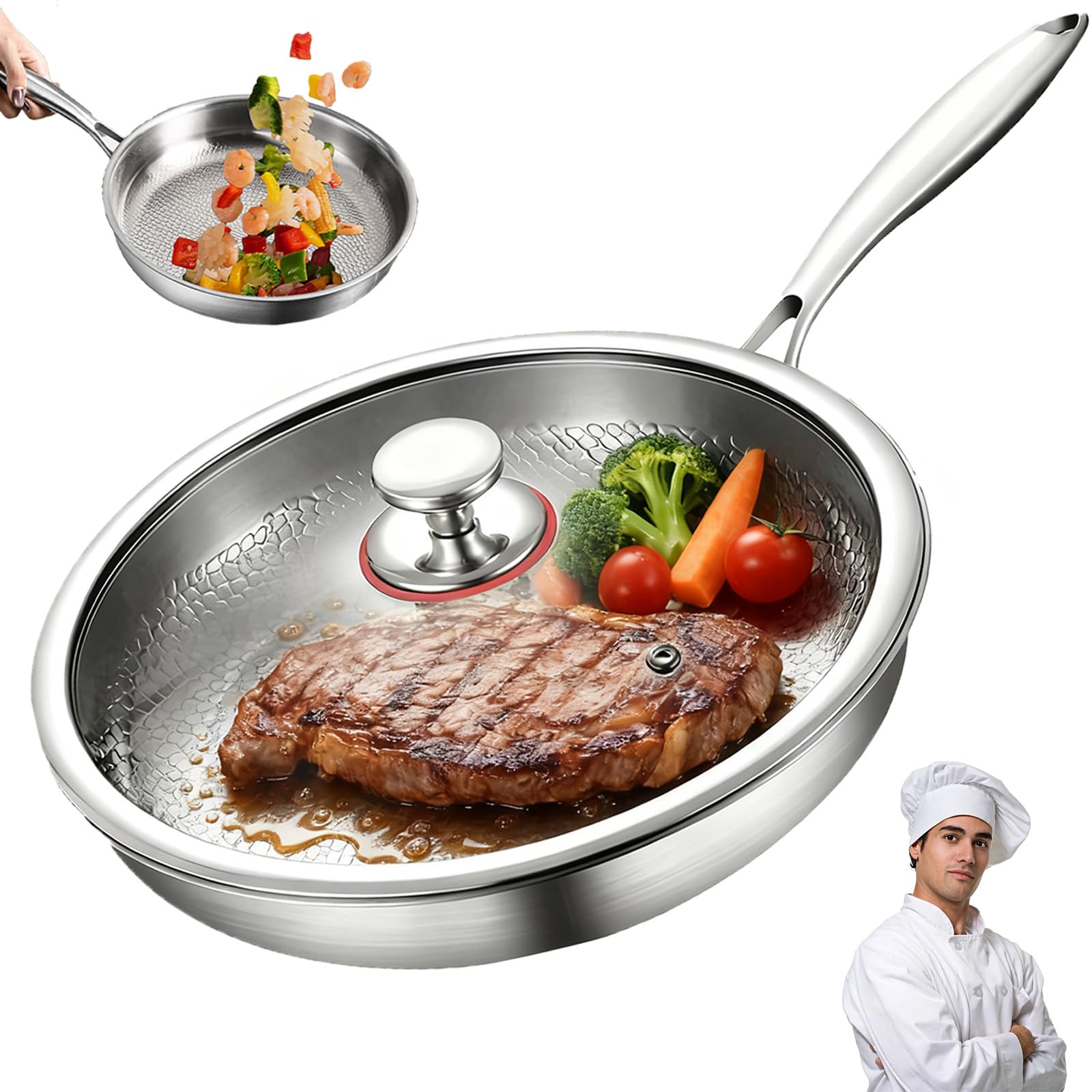 Padelle Titanio Puro, Titan Pfanne Unbeschichtet with Lid and Spatula, Padella in Titanio for Kitchen and Camping, Uncoated Frying Pan, Pro Hammered Non-Stick Pans for Any Hob (Con Coperchio, 26cm)