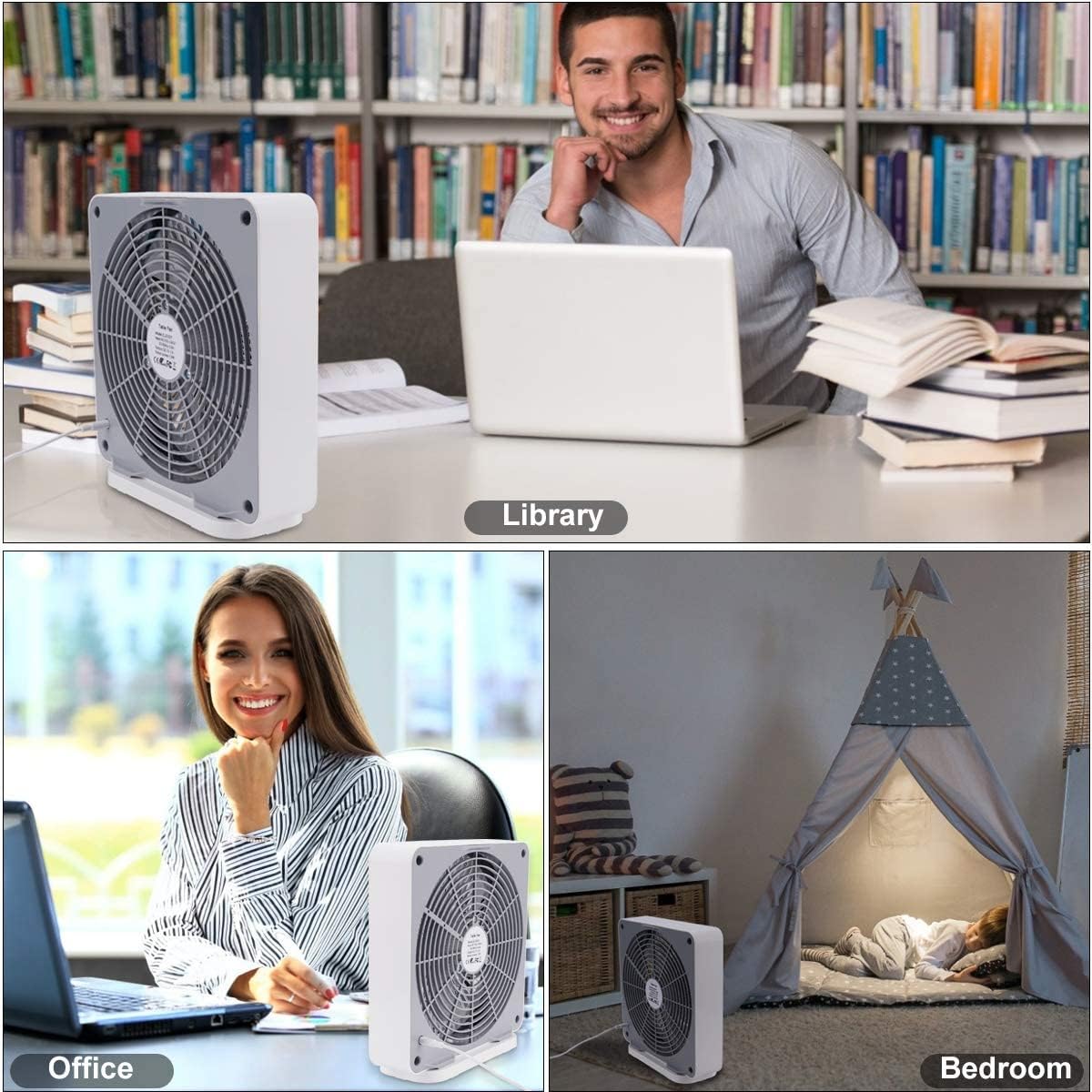 Small Box Fan, 10 inch Window Fan with 3 Speeds Strong Airflow, DC Adapter Square Table Fan for Bedroom Living Room Office Apartment, Quiet and Lightweight, 5ft Power Cord
