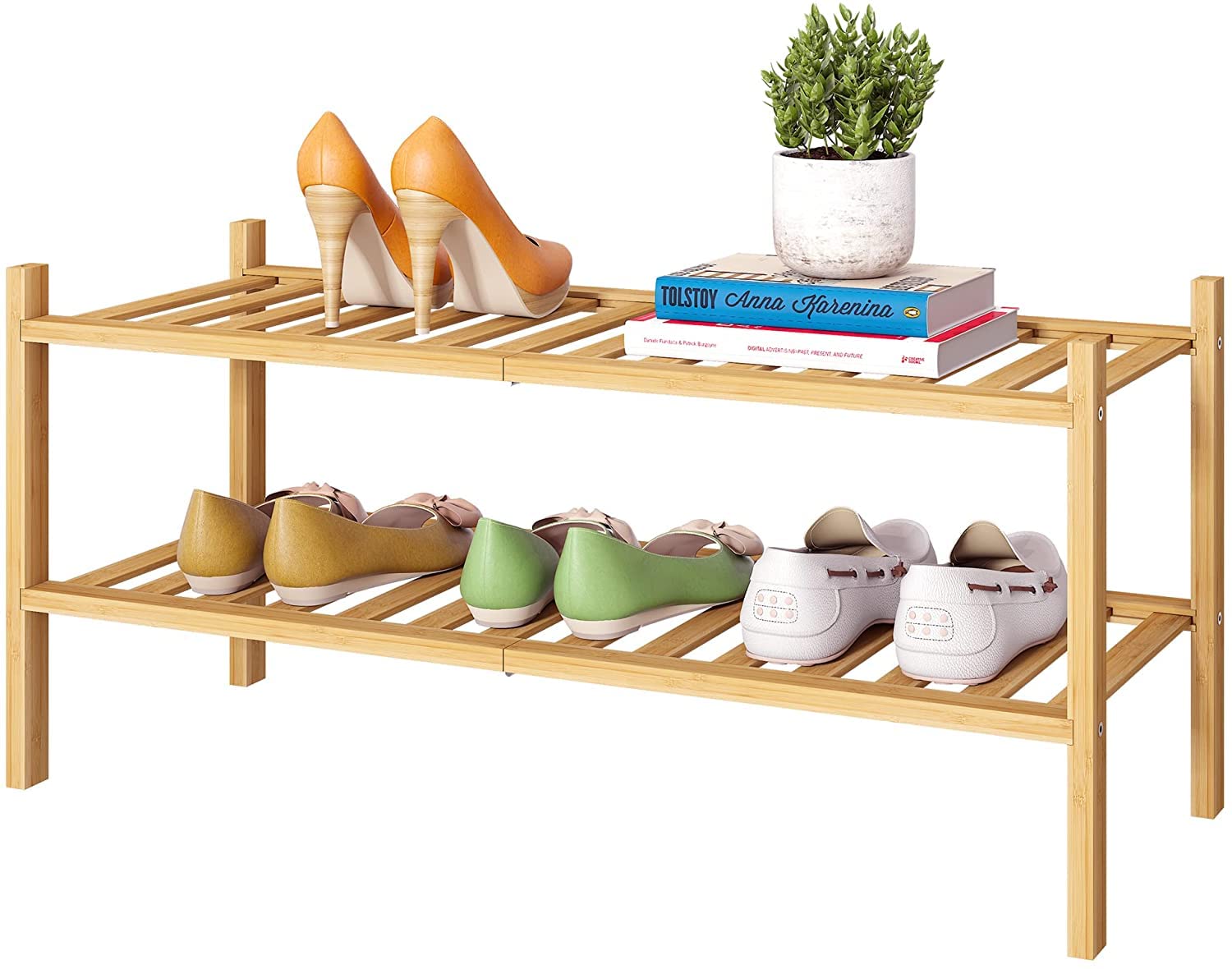 Bamboo Shoe Rack Stackable Shoe Shelf Storage Organizer for Unit Entryway Hallway and Closet Sturdy Freestanding Shoe shelf Natural (2)