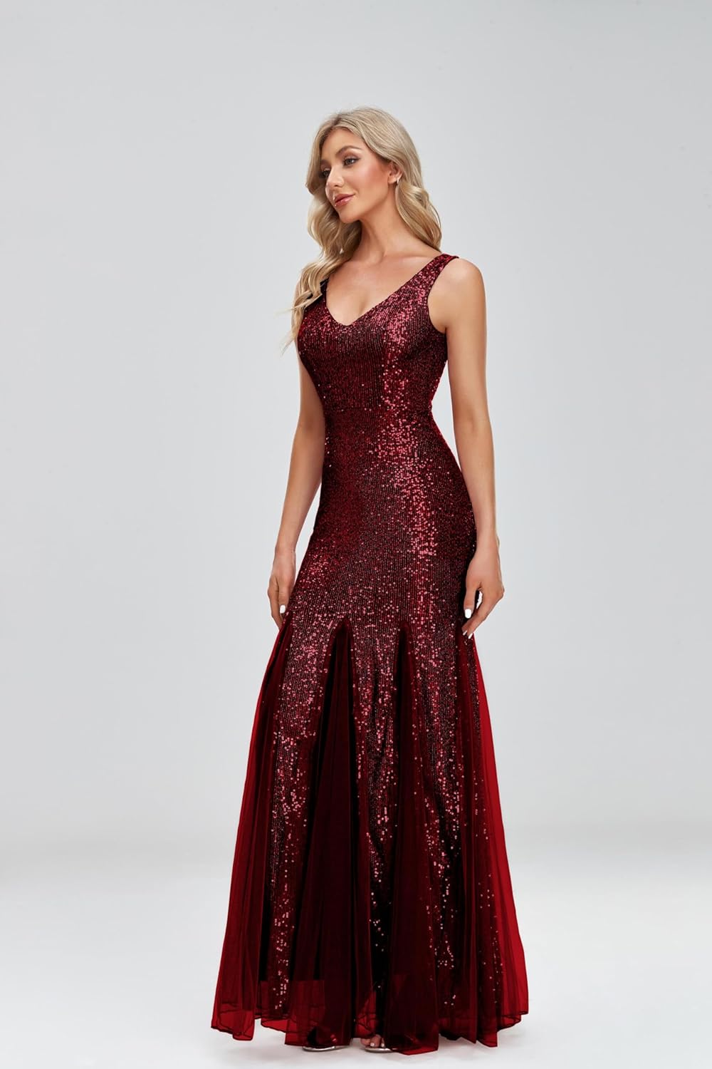 Updated Women's Double V Neck Long Sequined Mermaid Dress Formal Dress Bridesmaid Party Dress - Image 2