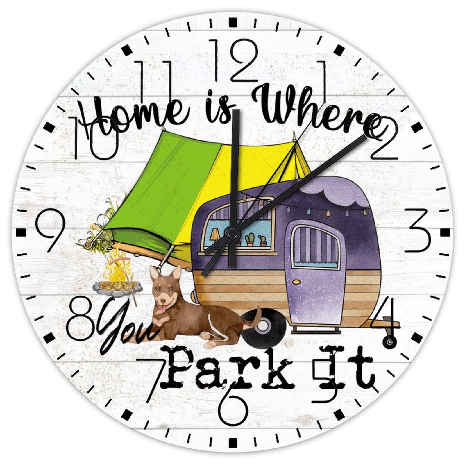 Horloge murale tente et camping-car en bois retro pour salon, cuisine et decoration de restaurant